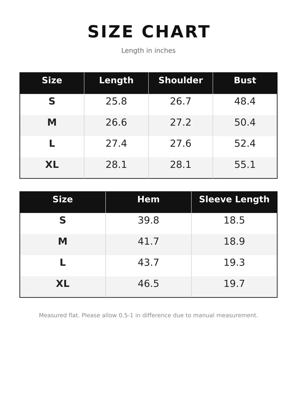 Size chart for dropped shoulder long sleeve sweatshirt