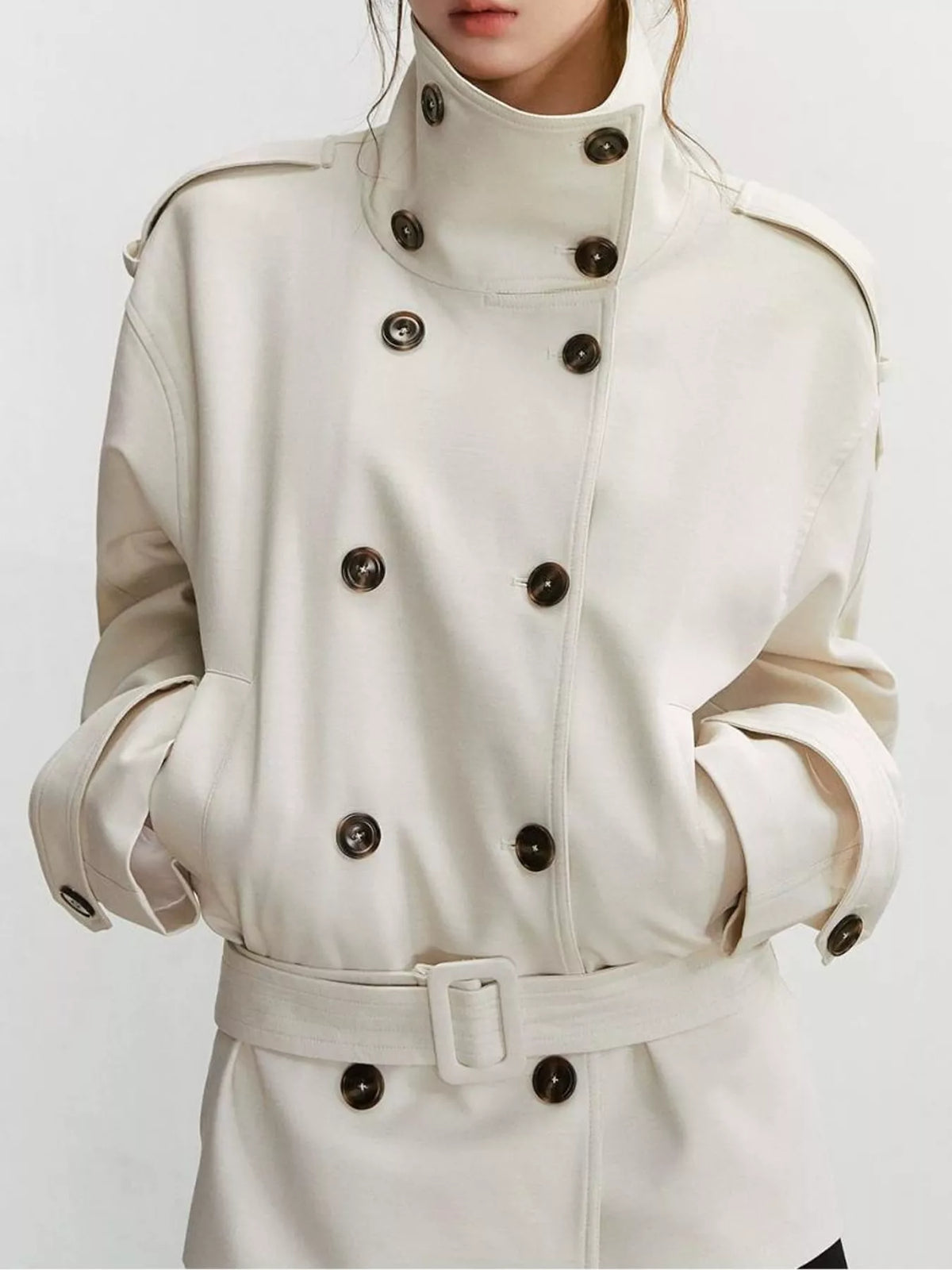 Cream double-breasted high-neck belted trench coat
