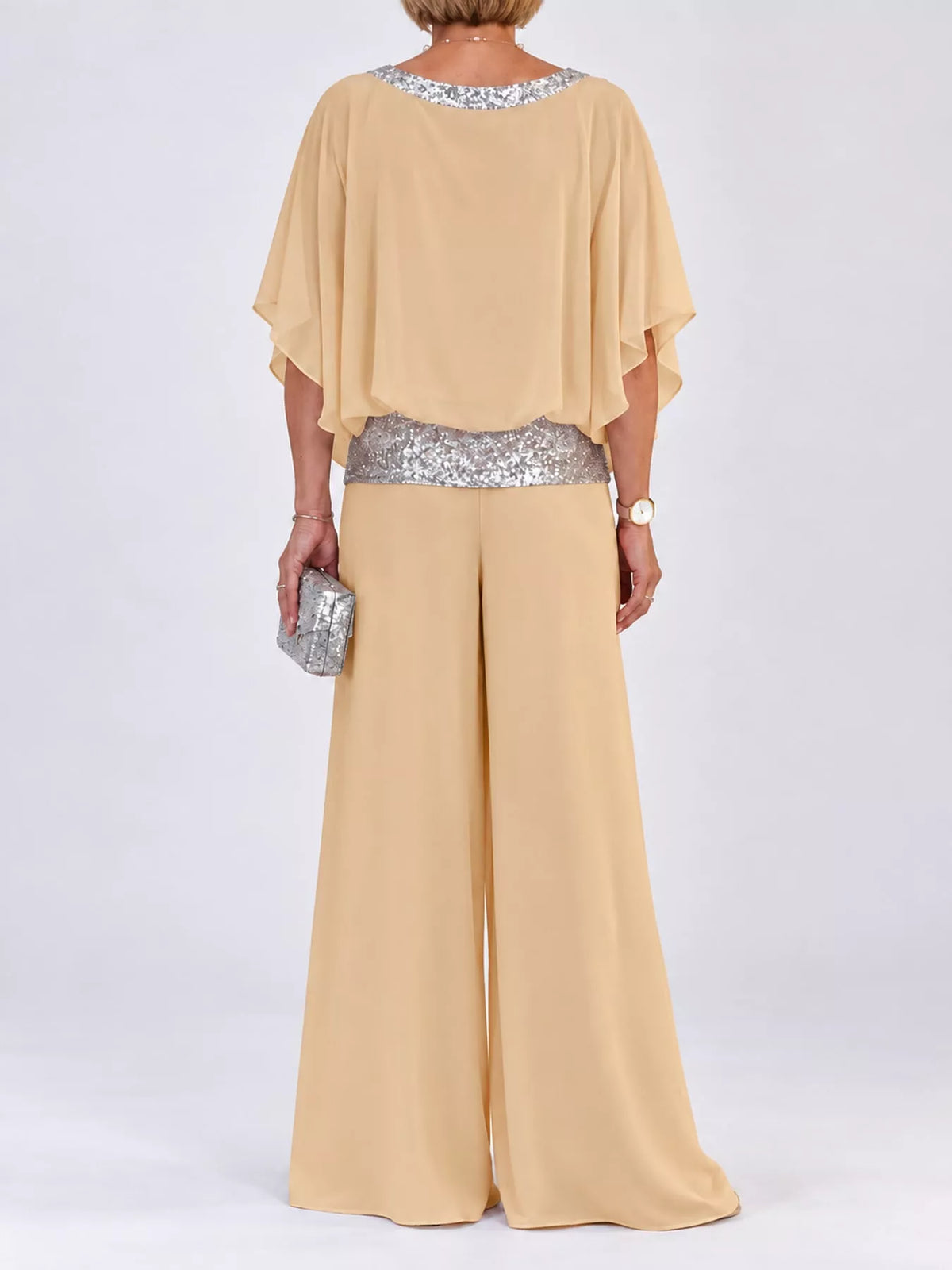 Chiffon Top and Wide-Leg Pants Set — back view