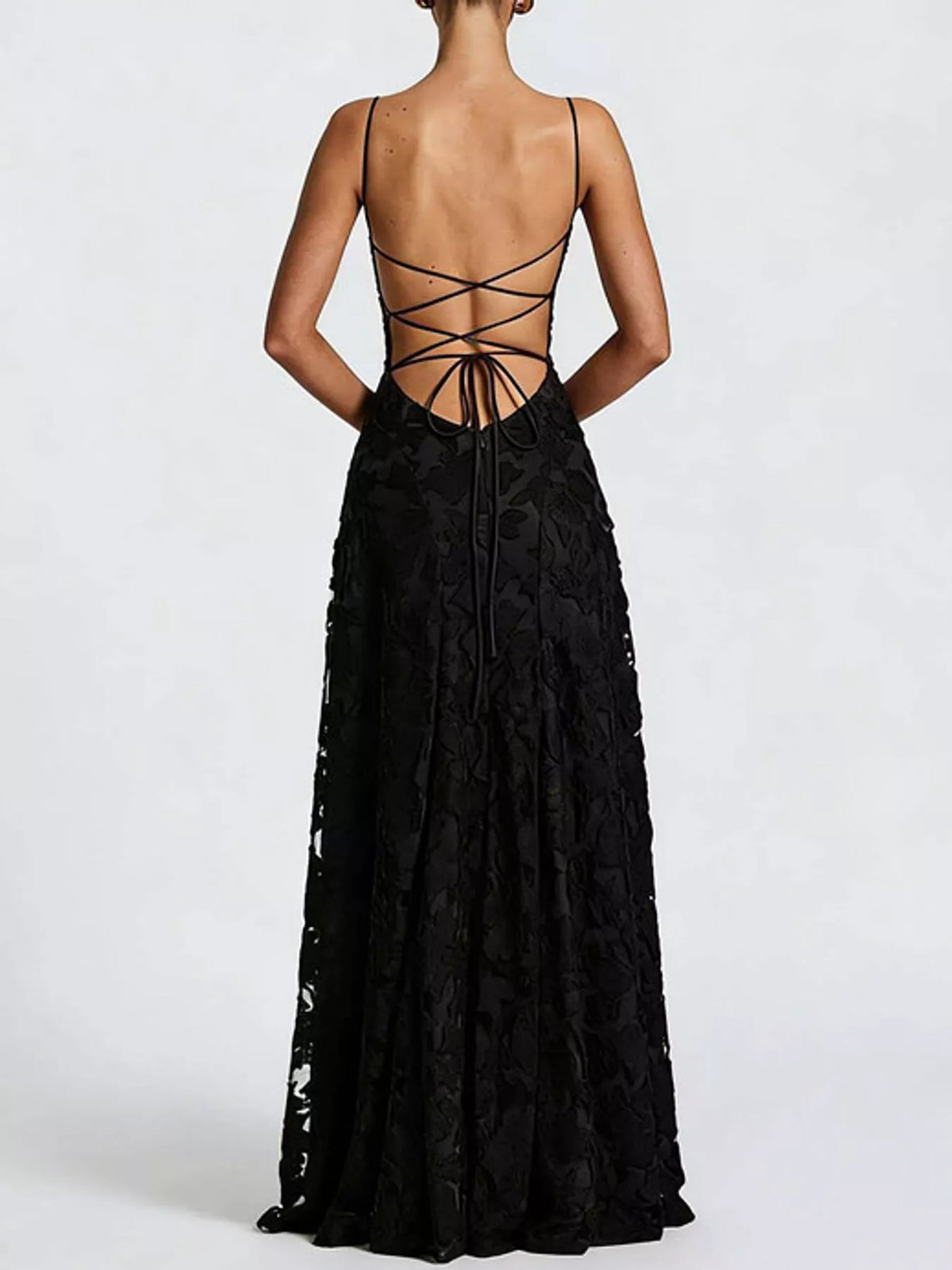 Black backless lace maxi dress, back view