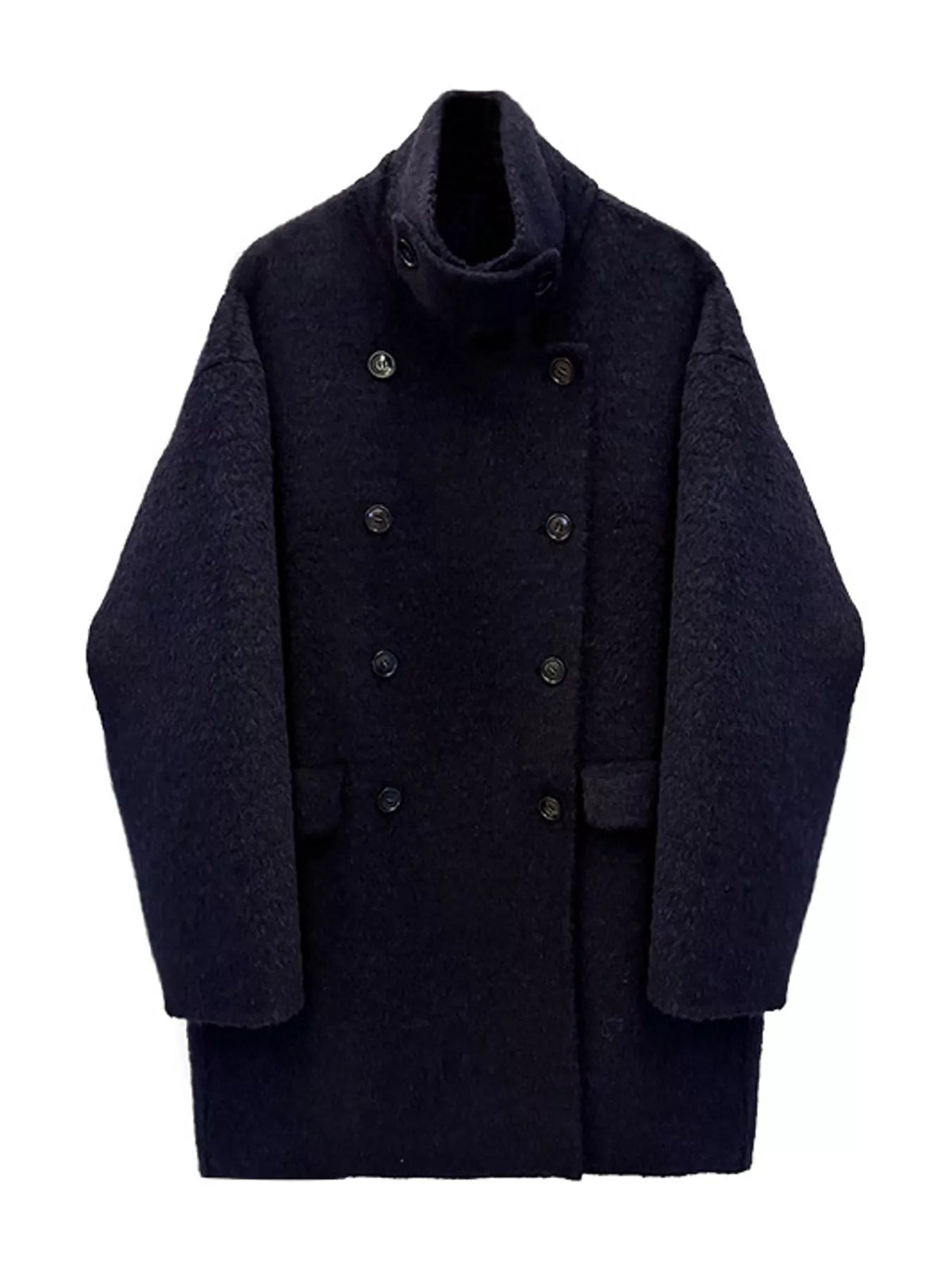 Black double-breasted wool-blend coat — front view