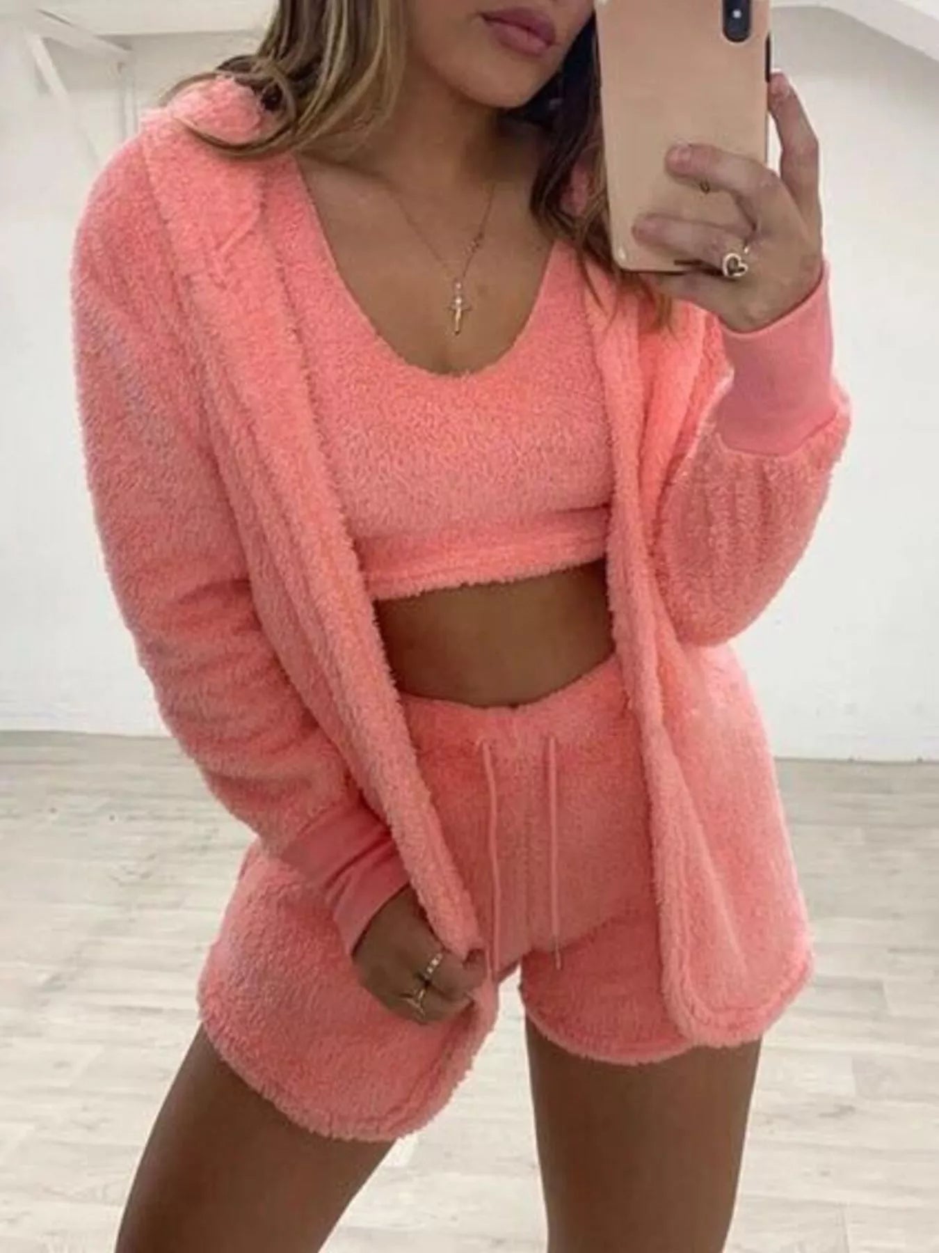 Trendsi Full Size Fuzzy Tank & Cardigan and Shorts Three-Piece Set Plus Size -