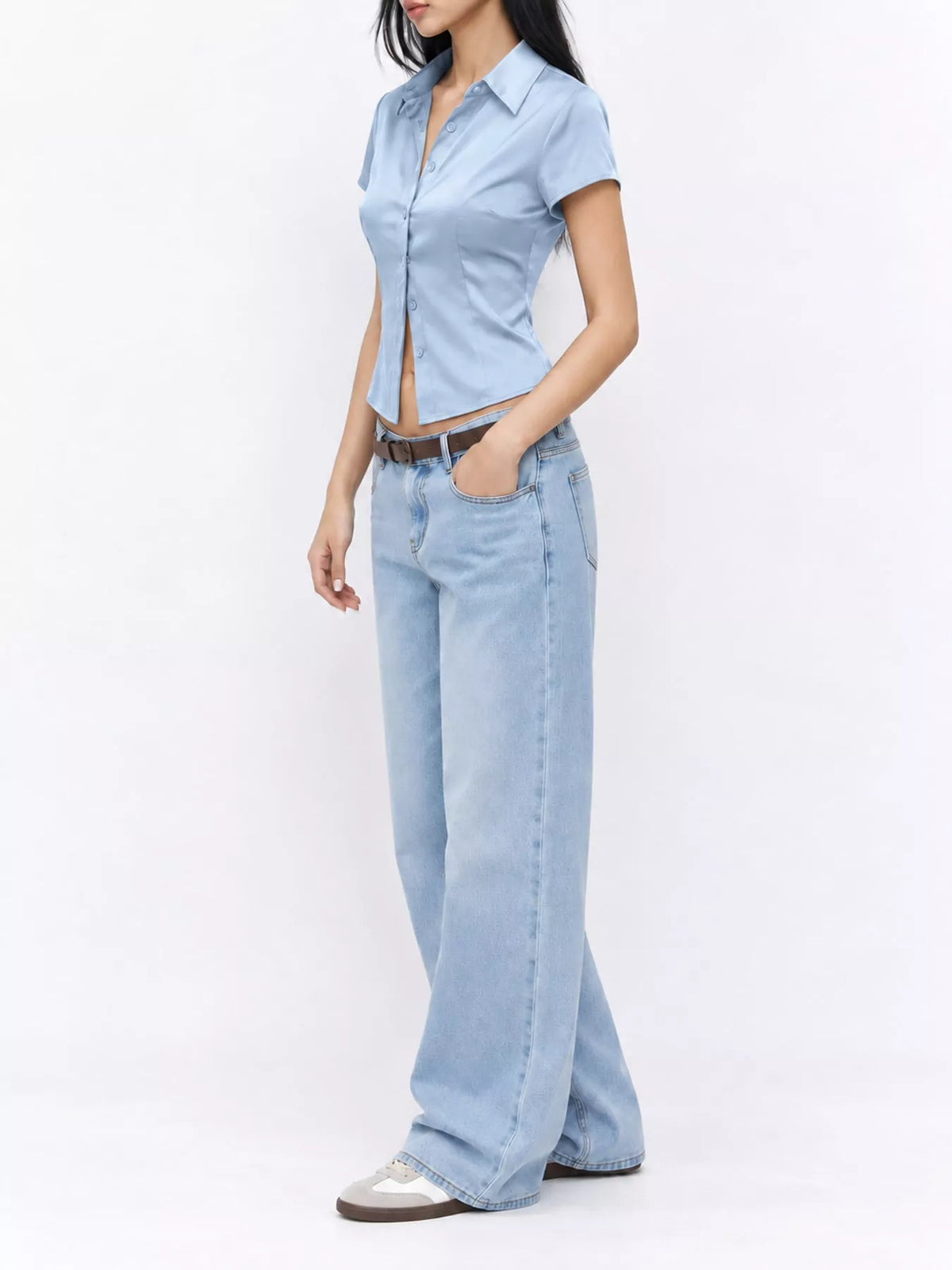 Satin Short Sleeve Button-Down Shirt in light blue