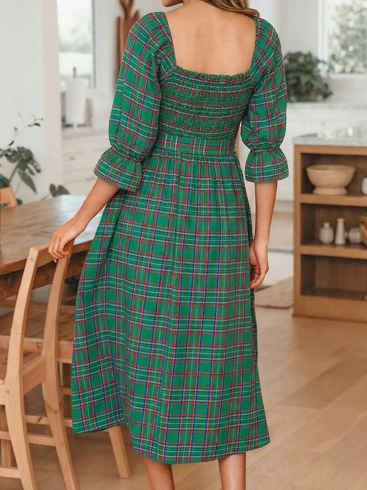 Dark Green plaid square neck puff sleeve tie-waist midi dress, back view