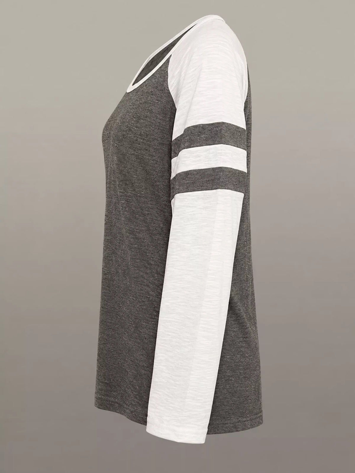Gray color-block raglan sleeve striped t-shirt, side view