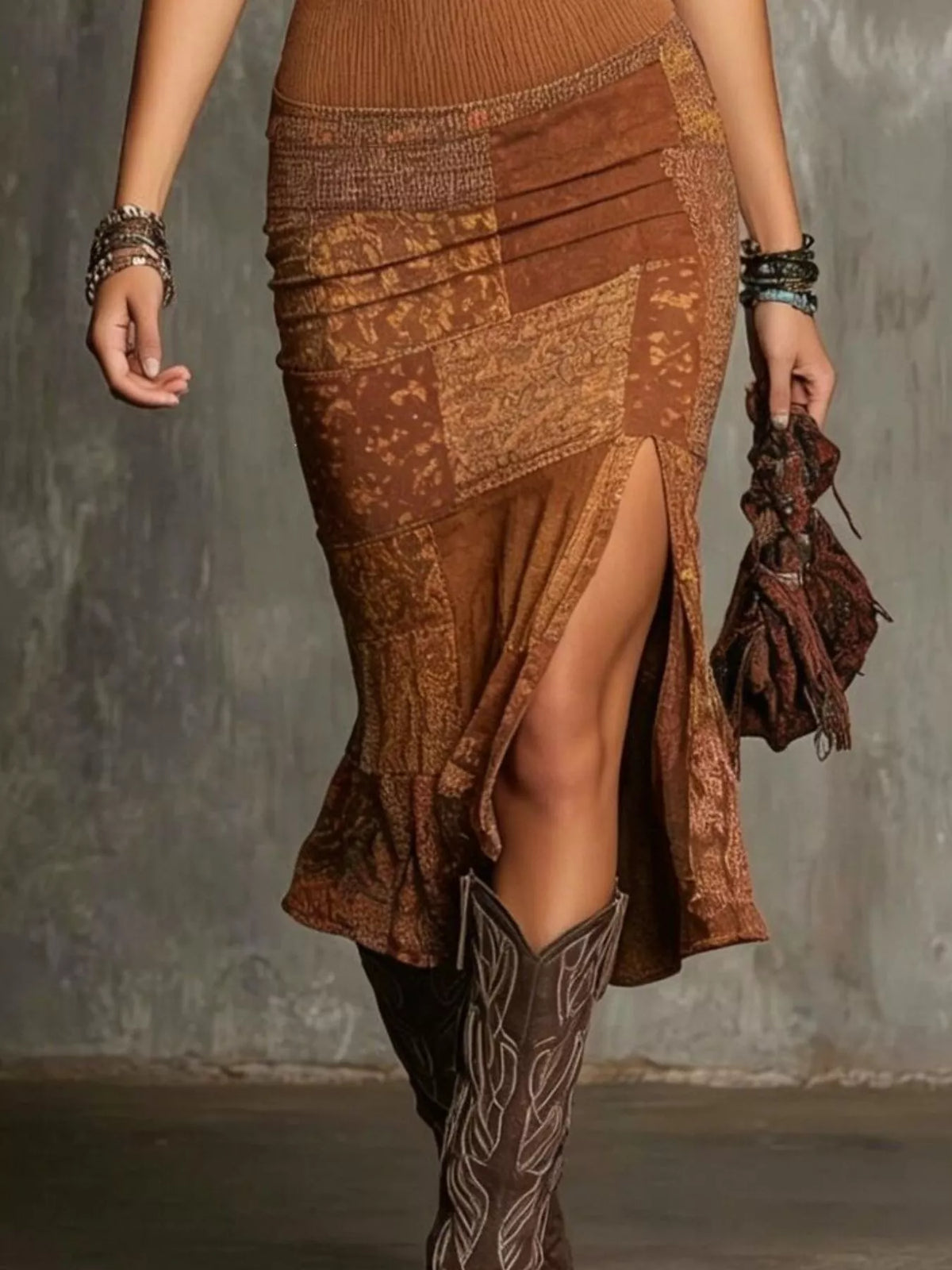 Brown printed slit midi dress, skirt and slit detail