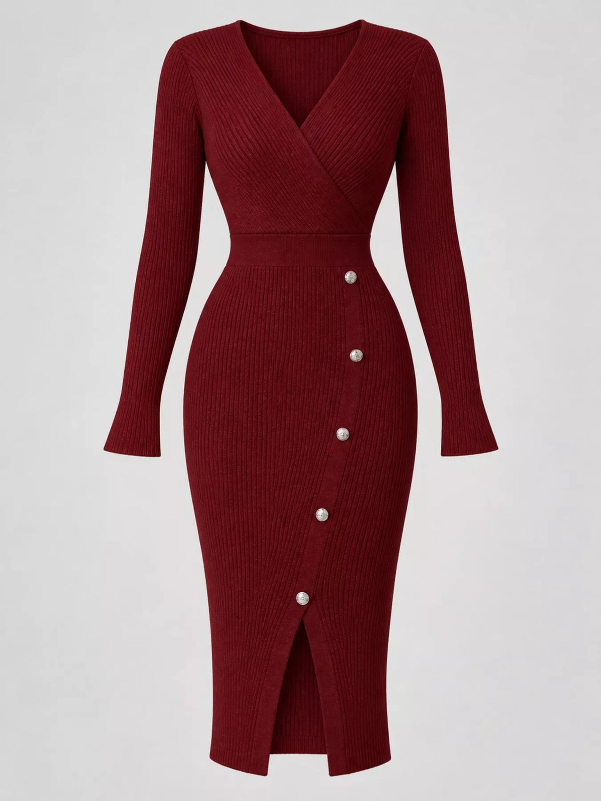 Burgundy decorative button ribbed knit sweater dress, front view
