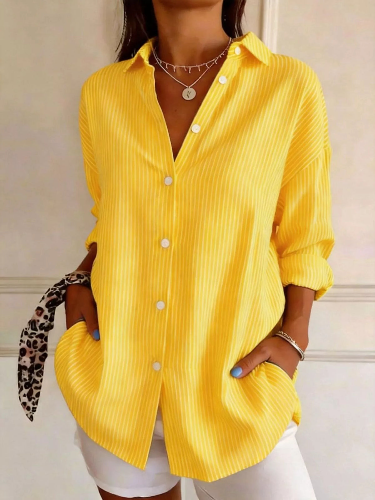 Yellow striped long sleeve shirt, front view