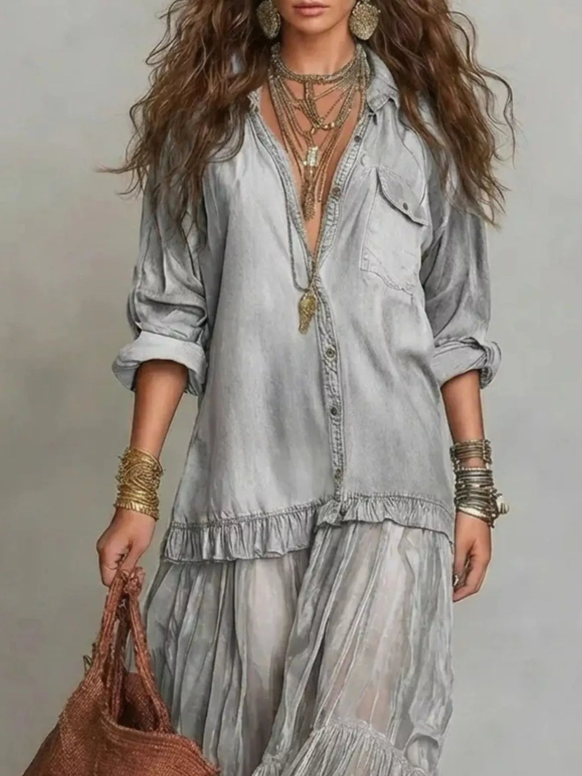 Light gray sheer tiered long sleeve maxi dress — design and construction details