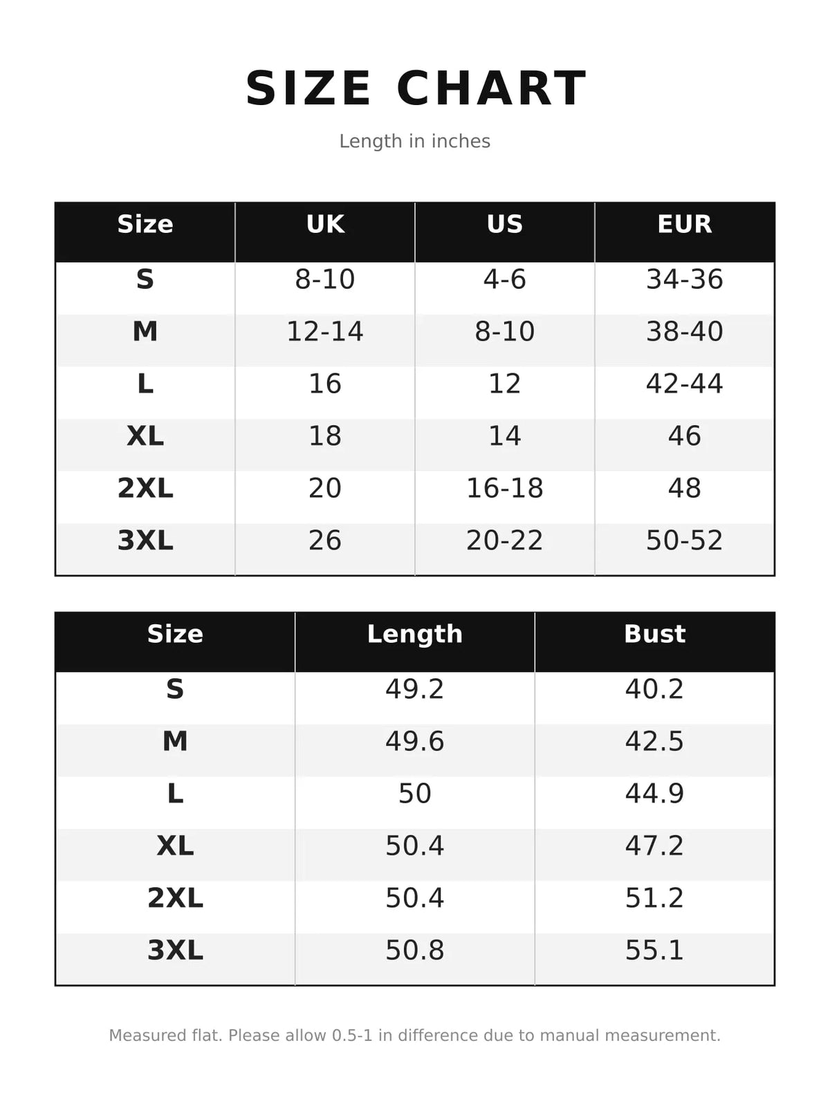 Size chart for one-shoulder dress