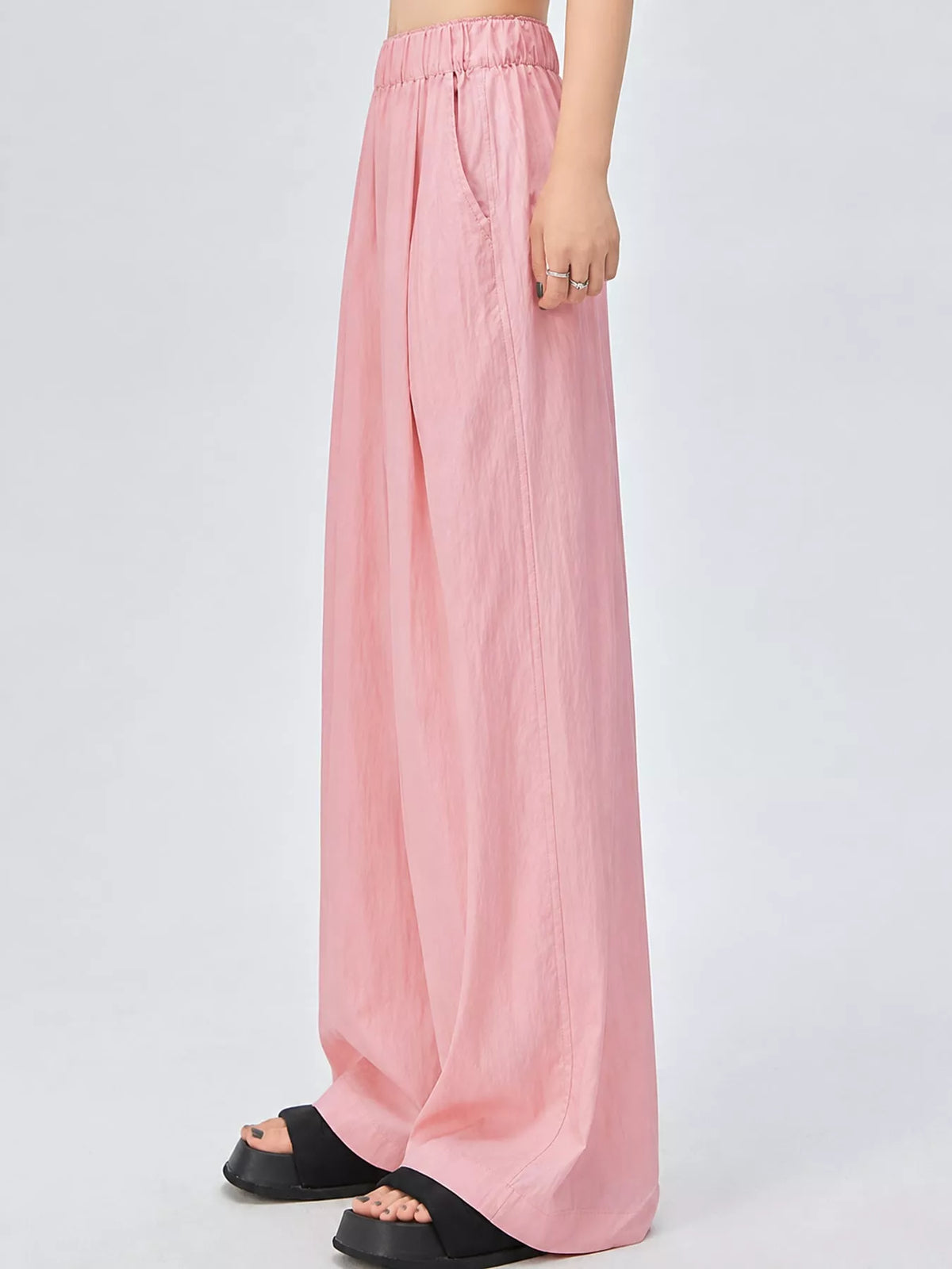 Women's High-Waisted Loose Fit Wide-Leg Casual Pants in pink — side view