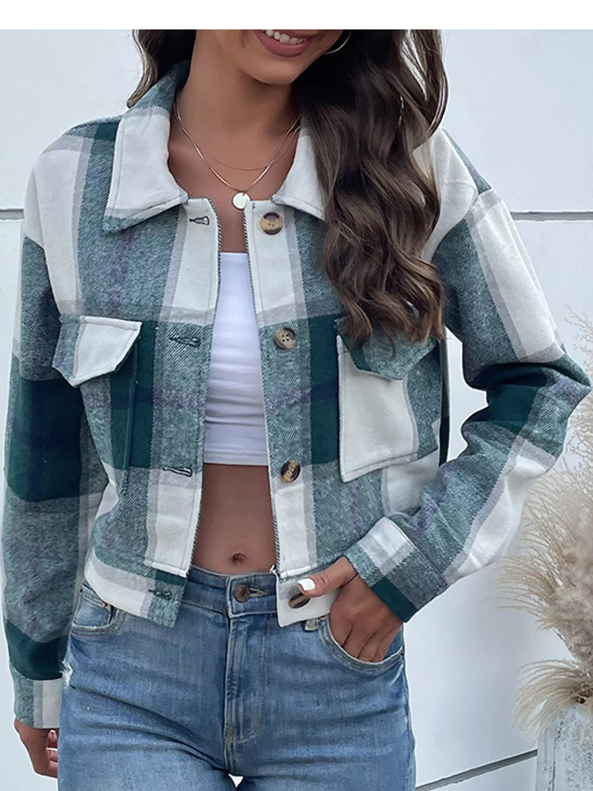 Green plaid button-up cropped jacket