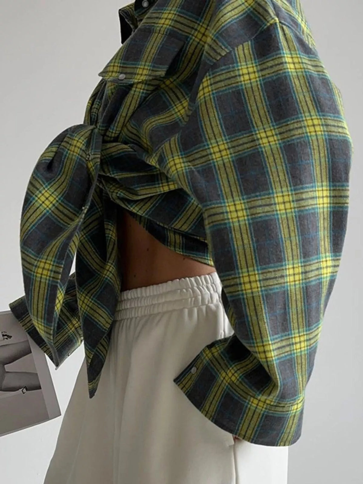 Yellow and green plaid button-up shirt with chest pockets