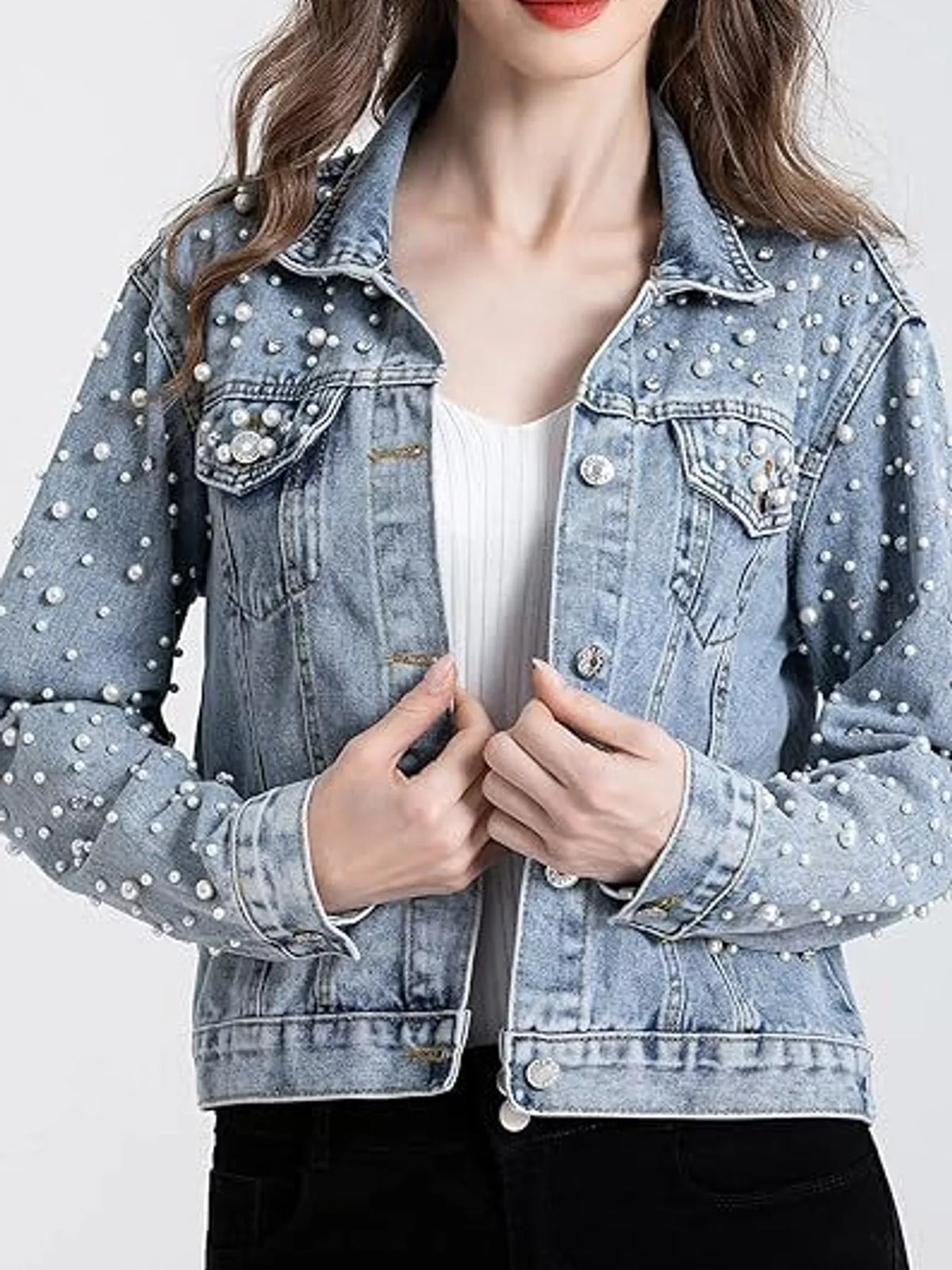 Women's Pearl Detail Button Up Denim Jacket in blue — front view