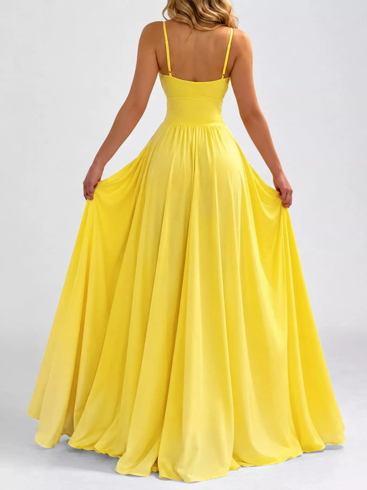 Yellow sleeveless high slit maxi dress, back view