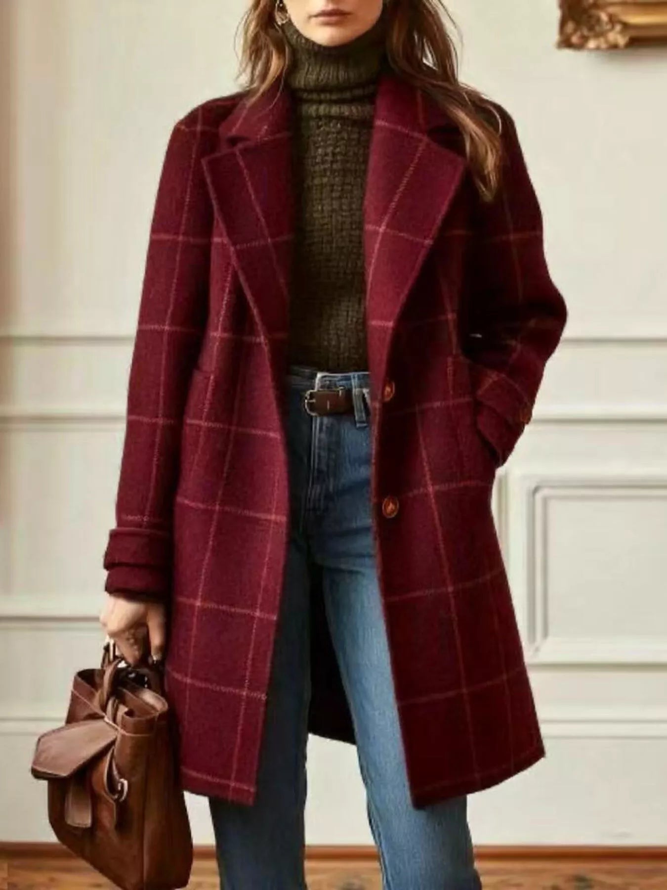 Trendsi Full Size Plaid Lapel Collar Longline Single-Breasted Overcoat Plus Size -
