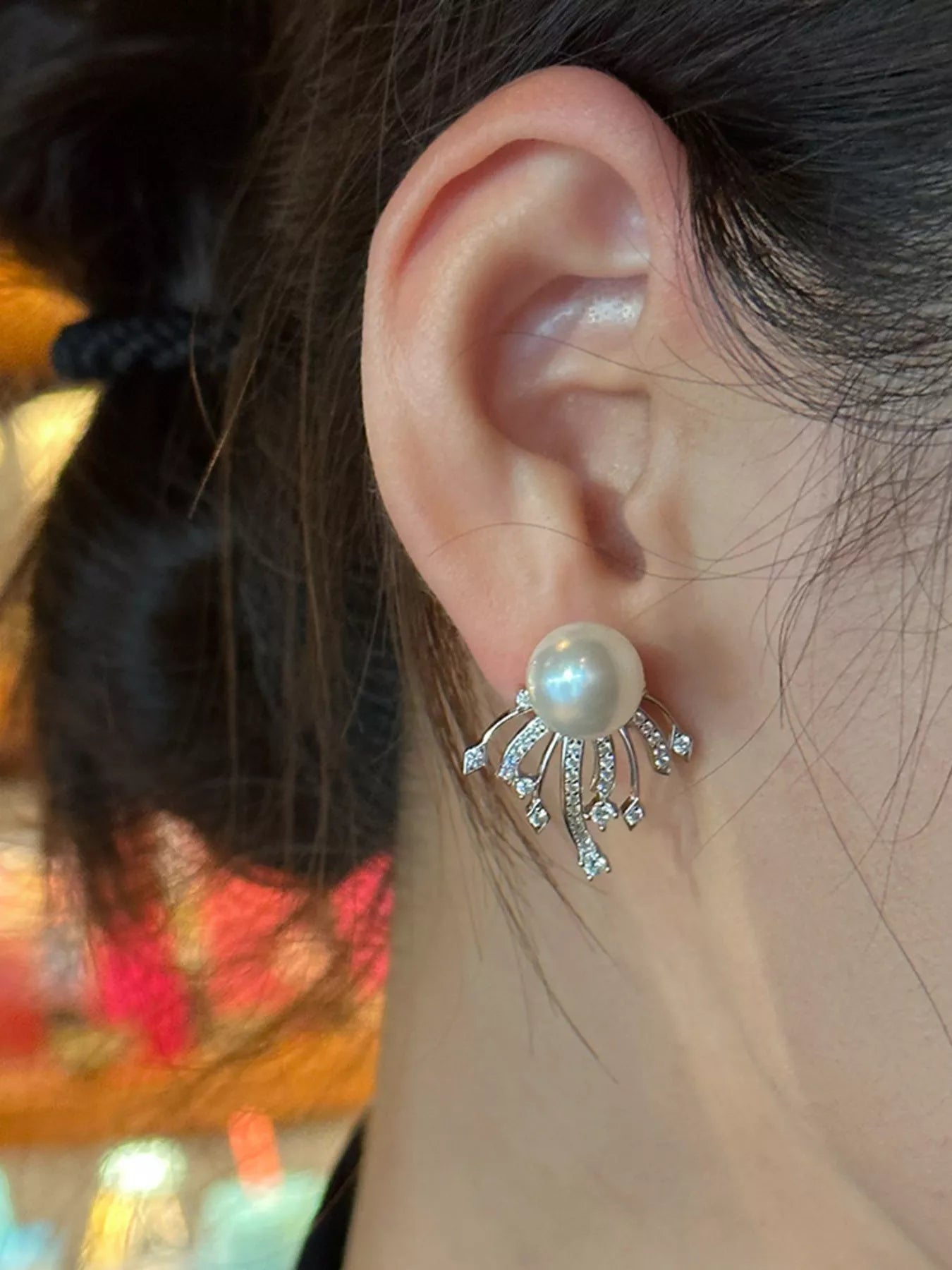 Women's 925 Sterling Silver Synthetic Pearl Zircon Fan Drop Earrings