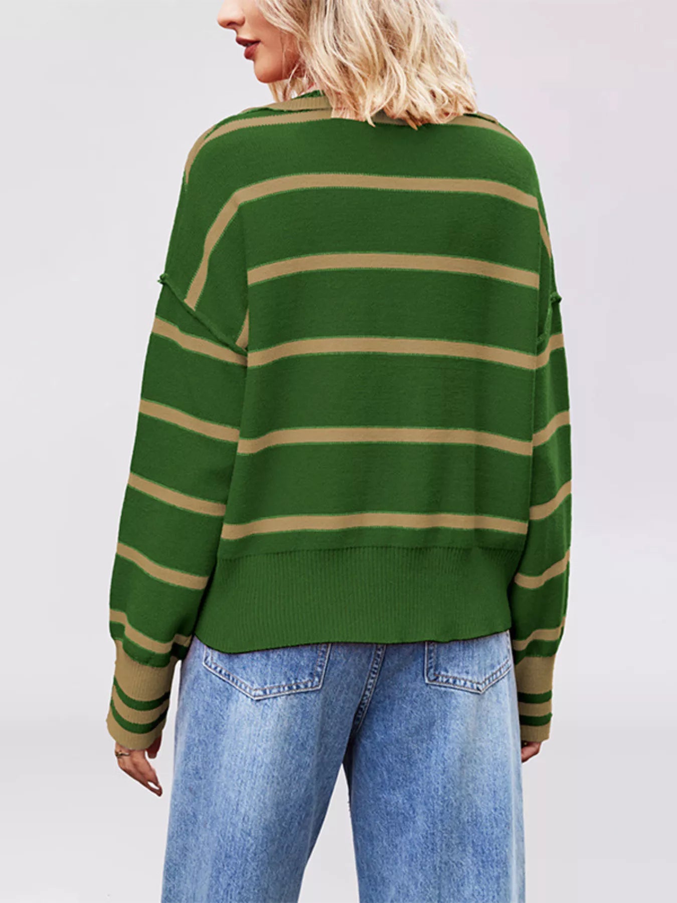 Trendsi Striped Johnny Collar Dropped Shoulder Sweater -