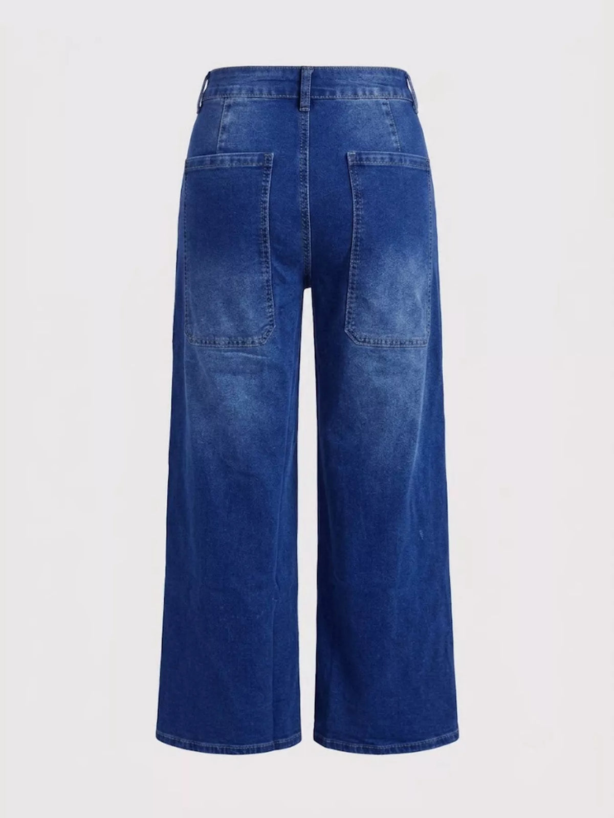 High-Waisted Patch Pocket Wide-Leg Jeans in blue, flat back view