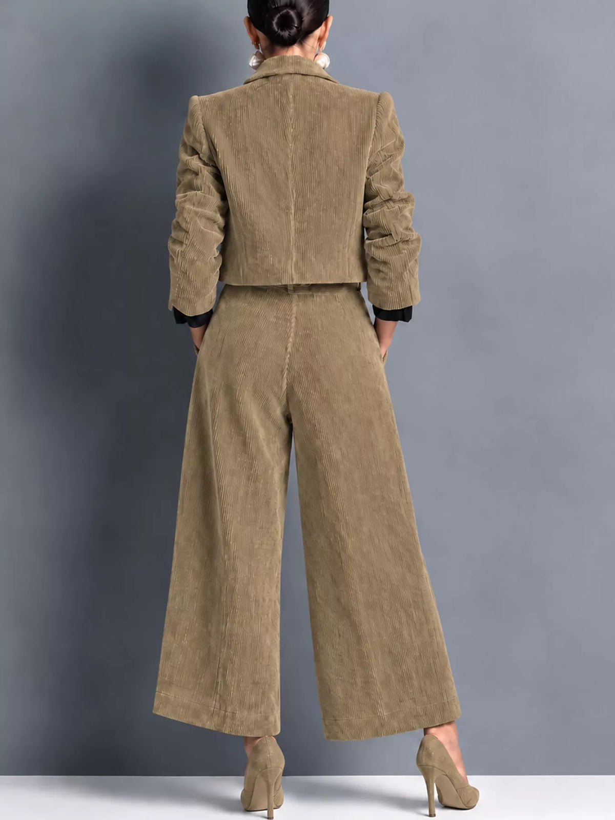 Corduroy Button Up Blazer and Pants Set, back view in beige