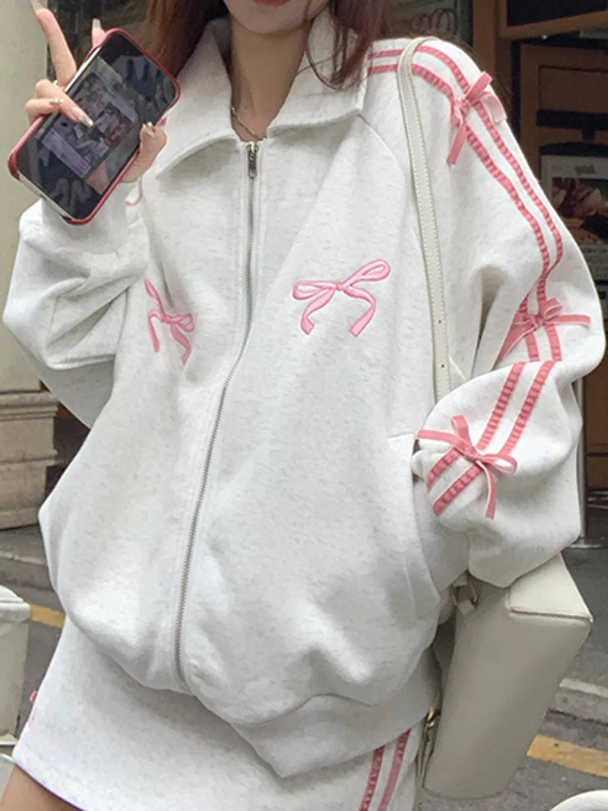 White Gray bow embroidered zip-up sweatshirt