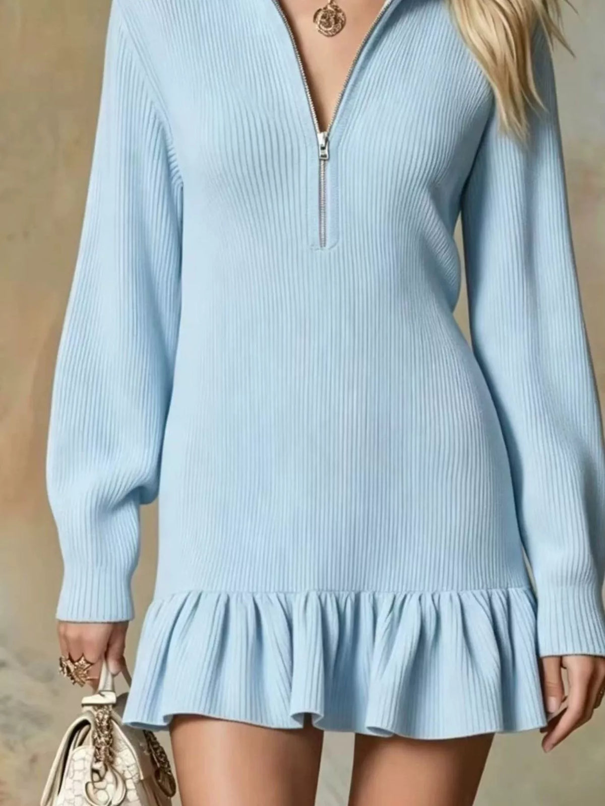 Light blue half-zip ruffle-hem dress, ruffle hem detail