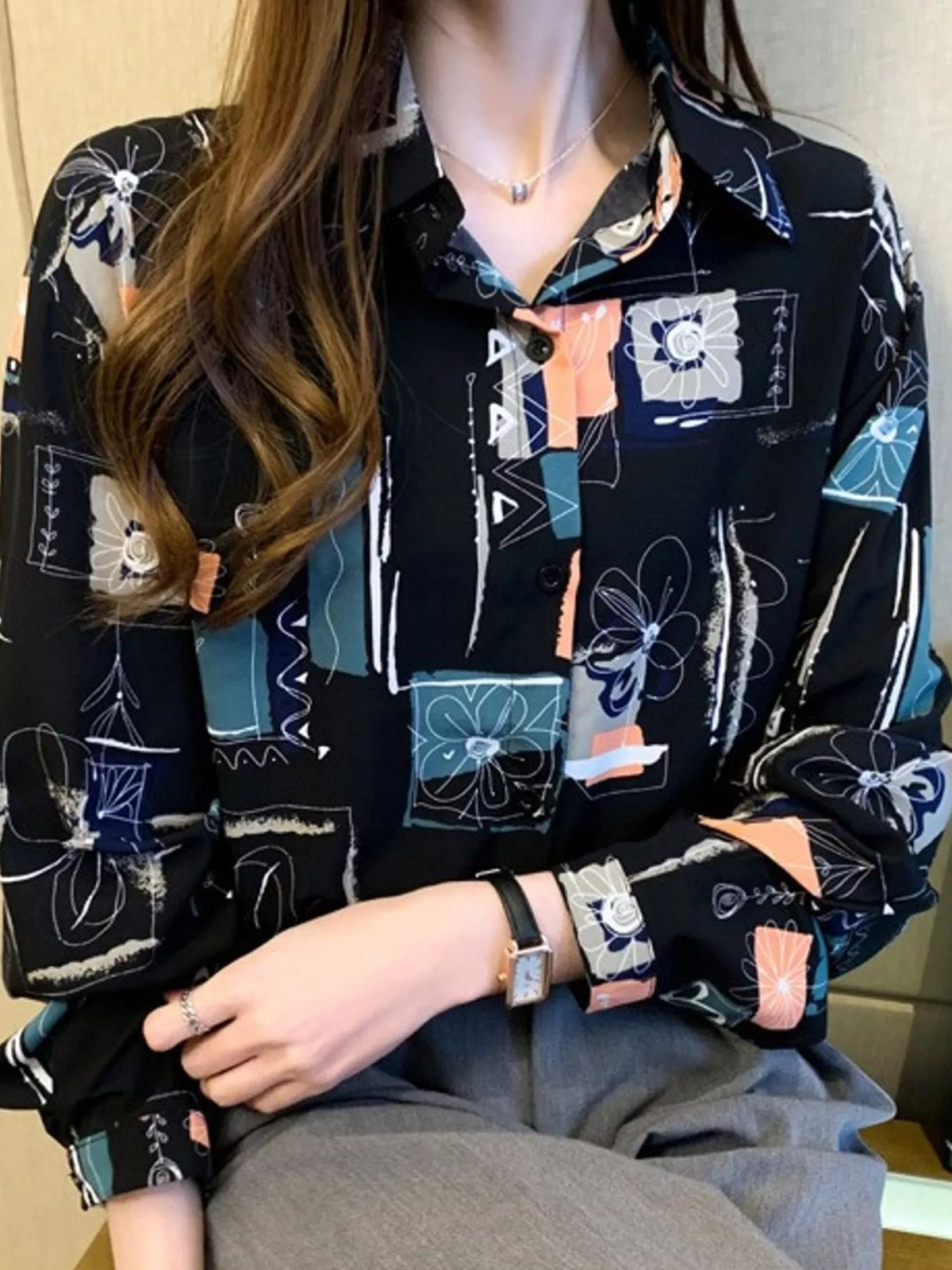 Printed Long Sleeve Button-Down Shirt in black with multicolor print