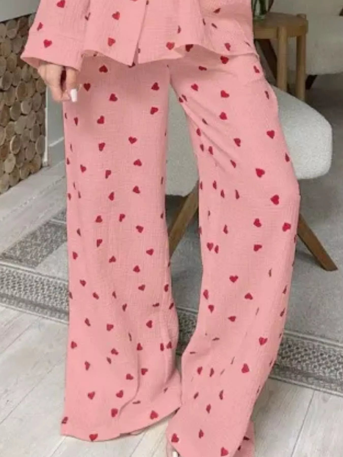 Trendsi Heart Print Button Up Top and Pants Lounge Set -
