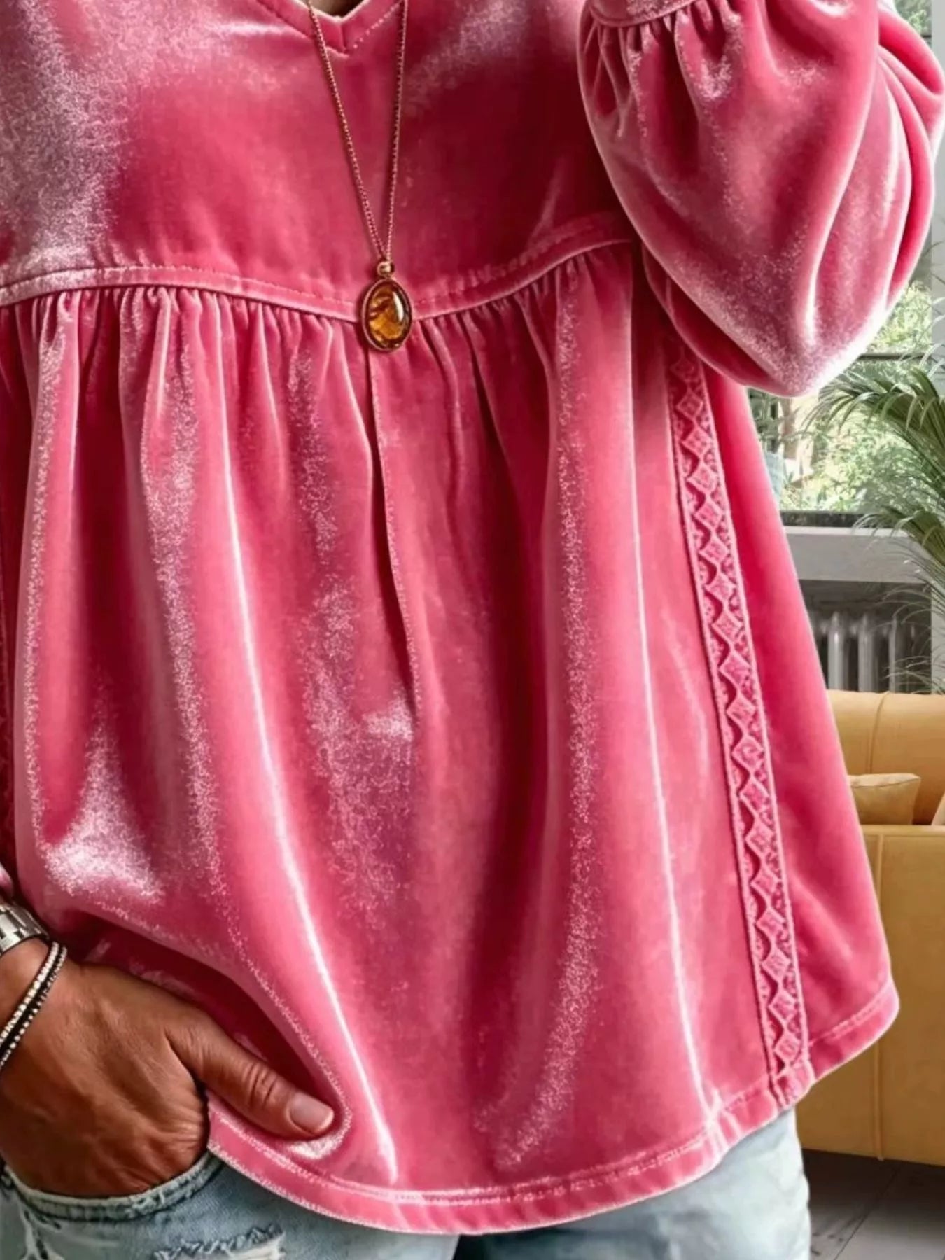 Trendsi Full Size Velvet Lace Detail V-Neck Blouse Plus Size -