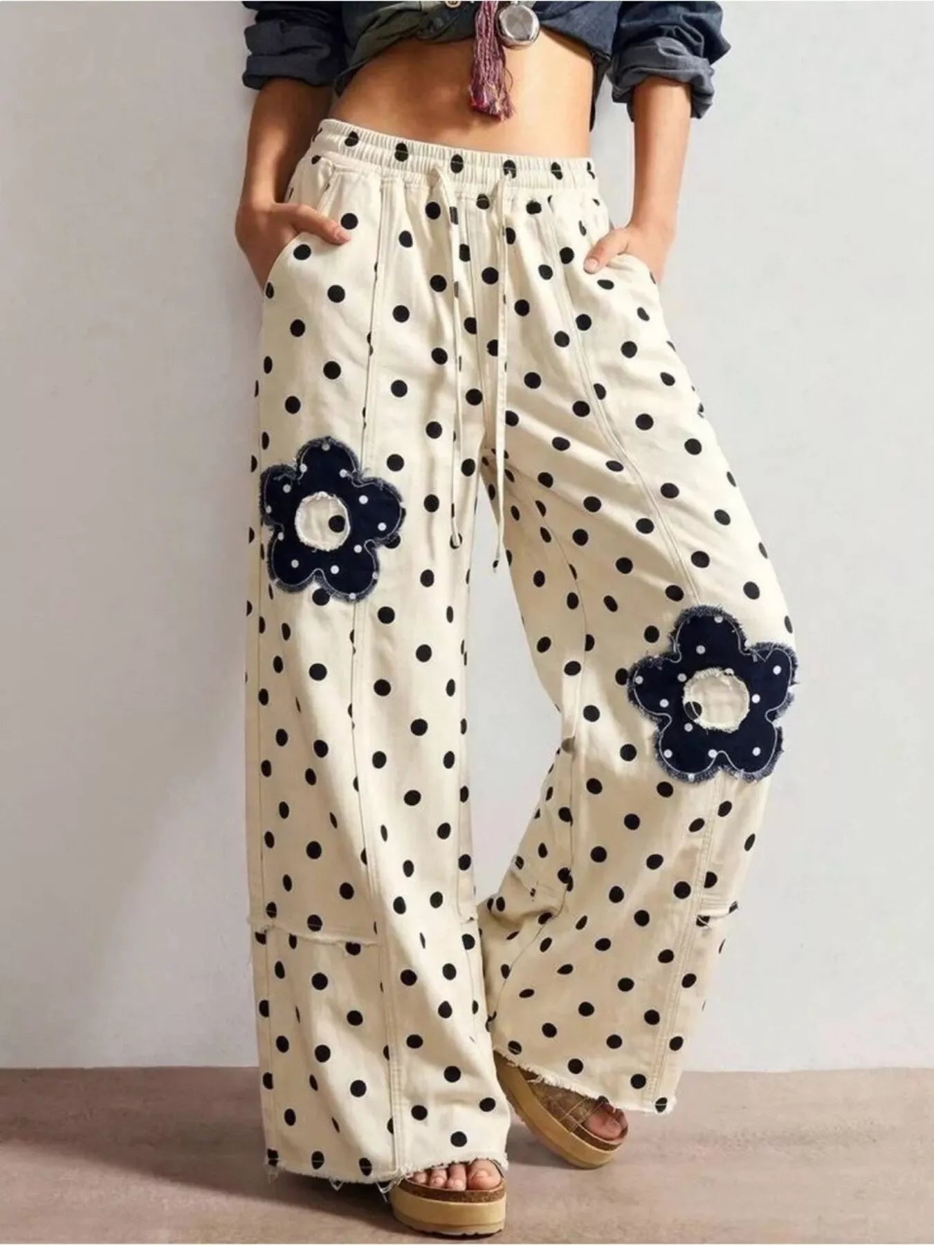 Trendsi Floral Applique Polka Dot Wide-Leg Jeans -