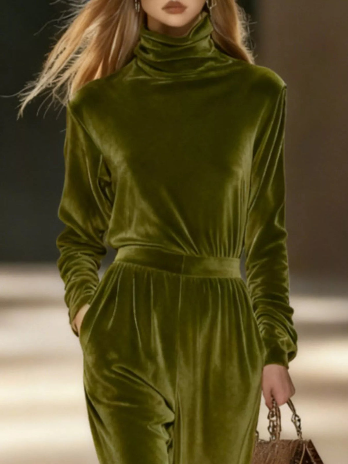 Women's Velvet Turtleneck Long-Sleeve Top & Wide-Leg Pants Set — alternate view 7
