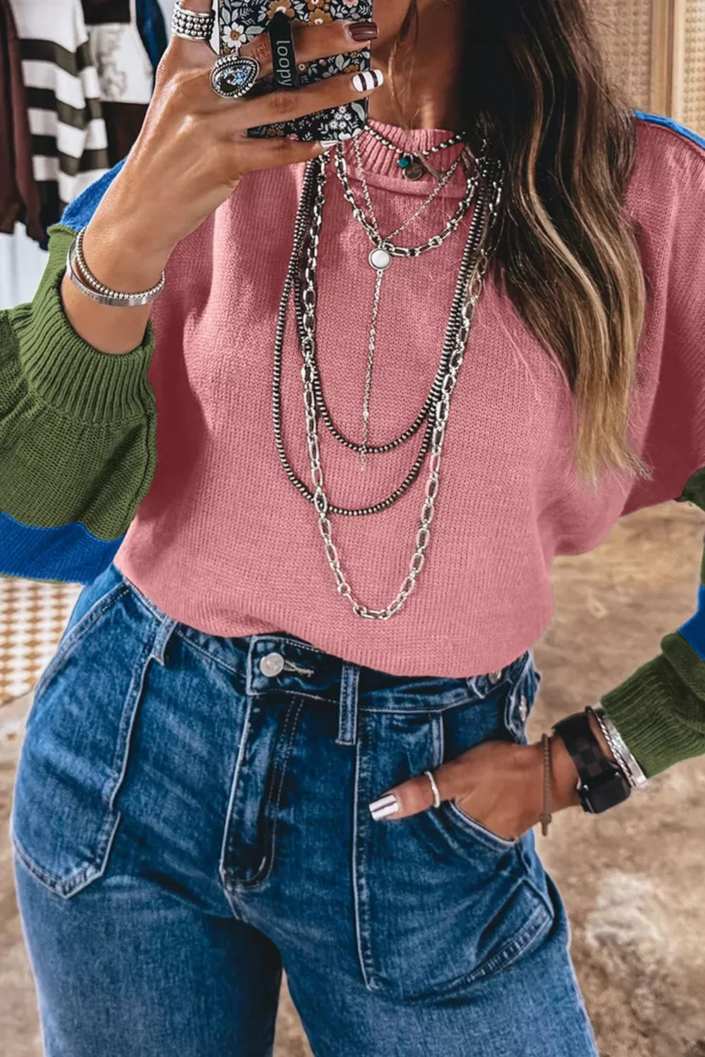 Trendsi Multicolour Western Colorblock Patchwork Striped Long Sleeve Sweater -