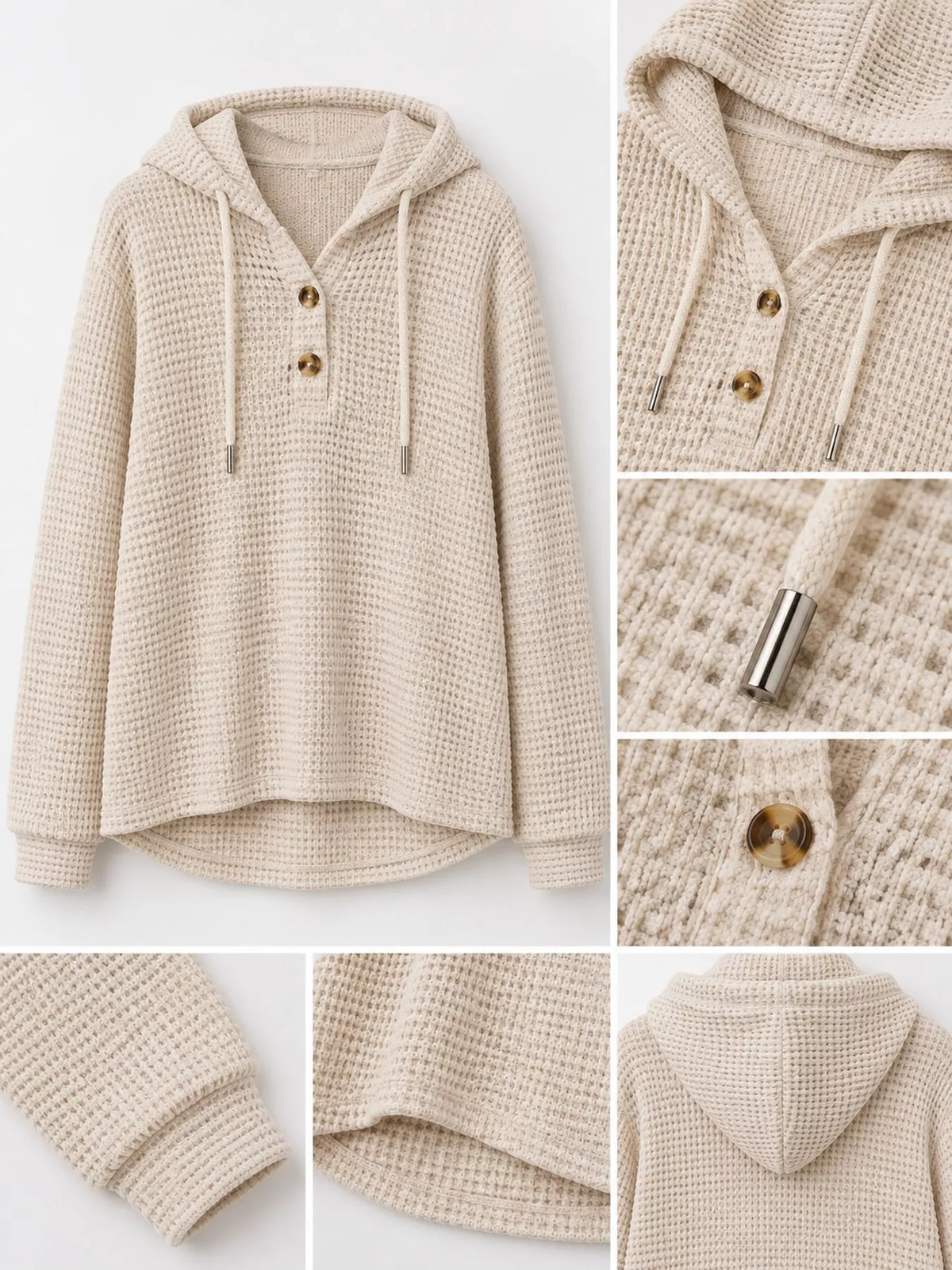Beige waffle knit button-detail hoodie, hood button cuff and waffle-knit details