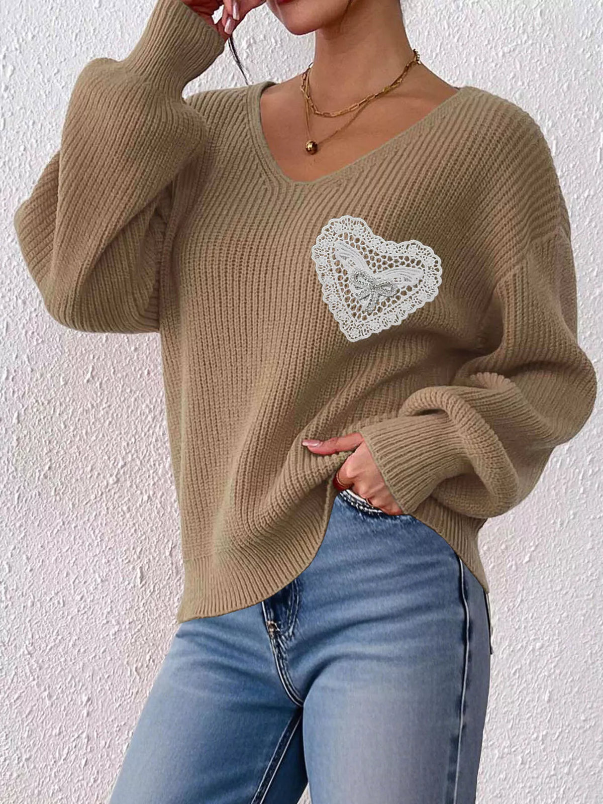 Camel Lace Heart Dropped Shoulder Sweater side view