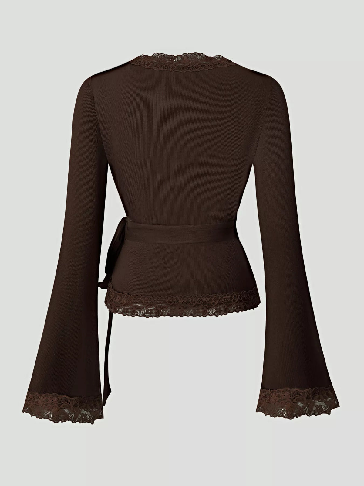 Women's Lace Trim Flare Sleeve Blouse in brown — back view