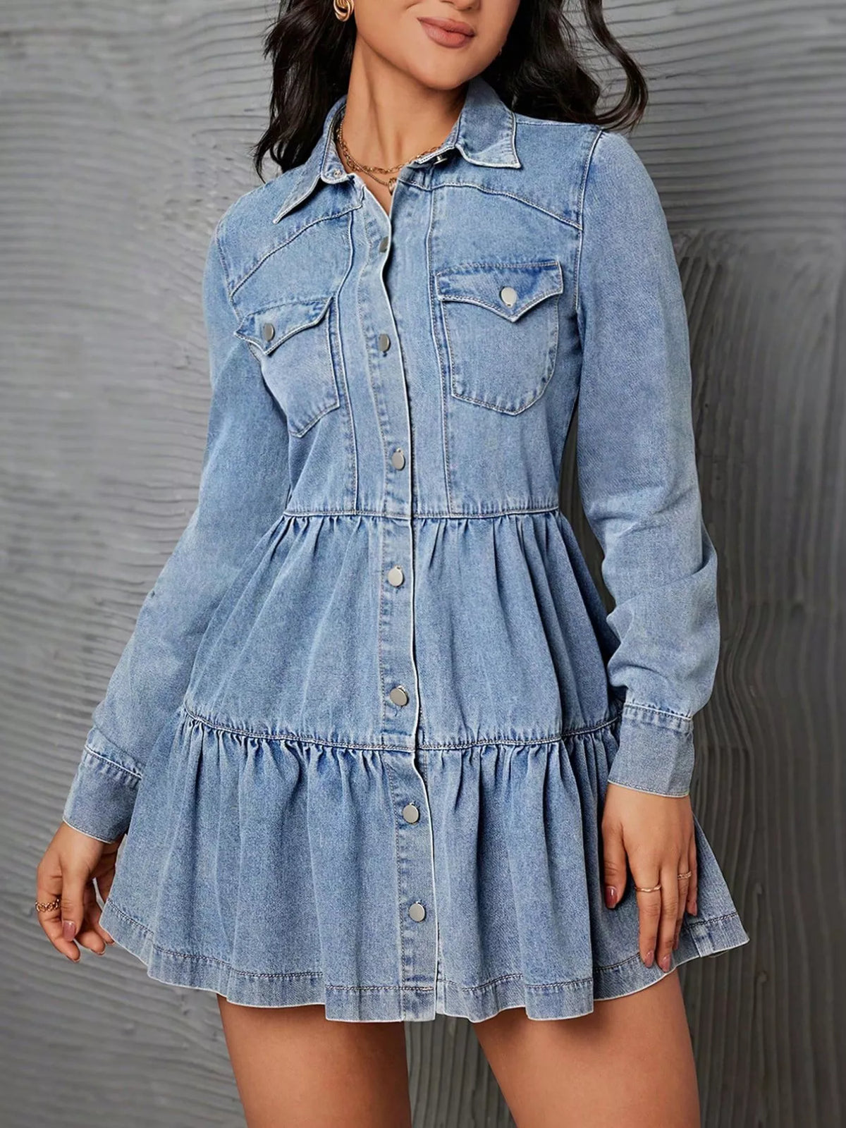 Tiered denim dress, blue front