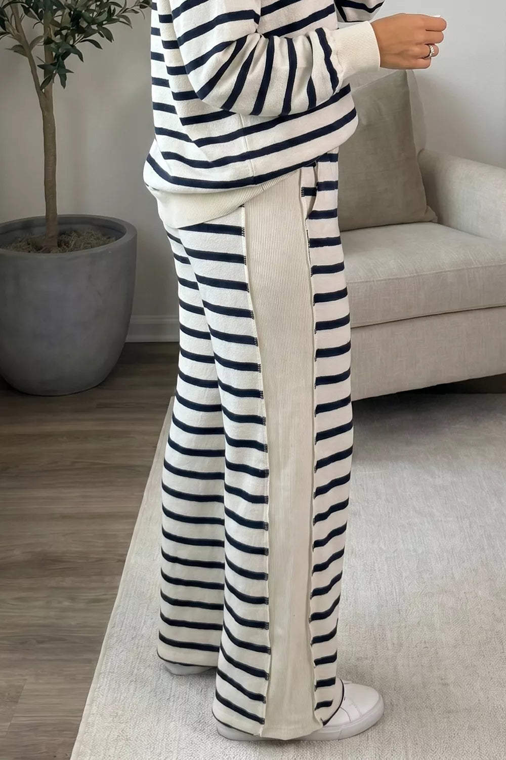 Women's Striped Long Sleeve Top and Wide-Leg Pants Set in White, side view