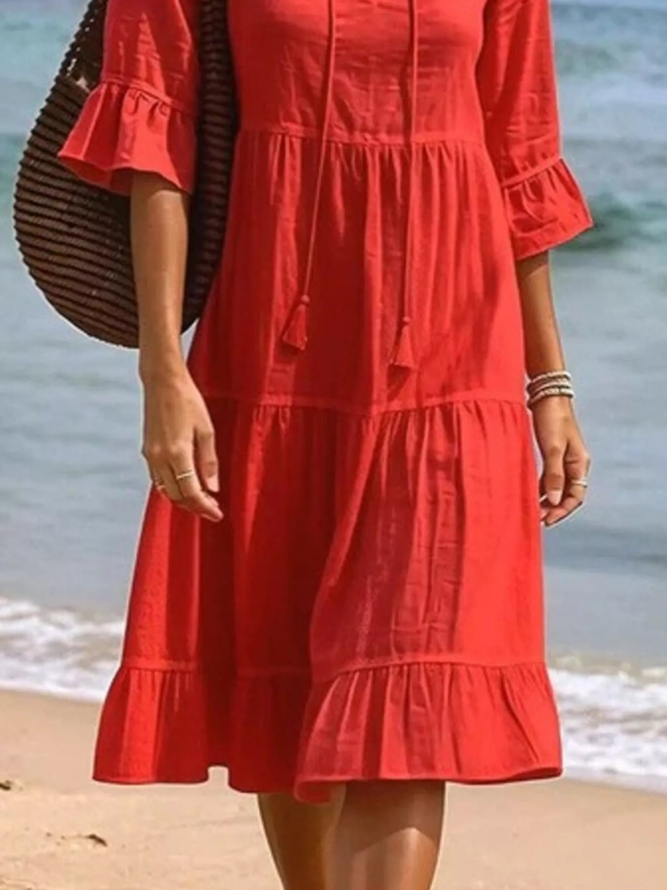 Trendsi Full Size Tiered Tie Neck Flounce Sleeve Dress Plus Size -