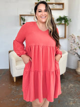 Trendsi Double Take Full Size V-Neck Balloon Sleeve Tiered Dress with Pockets -