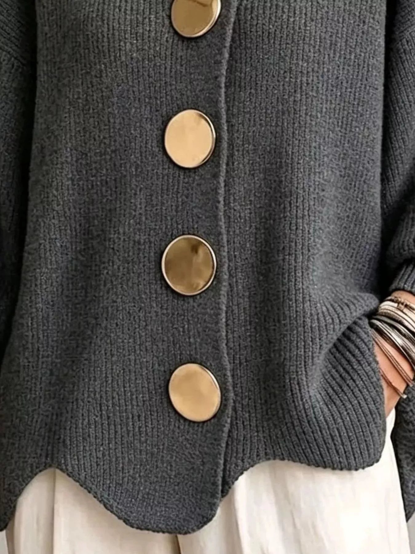 Trendsi Full Size Gold Buttons Lantern Sleeve Cardigan Plus Size -