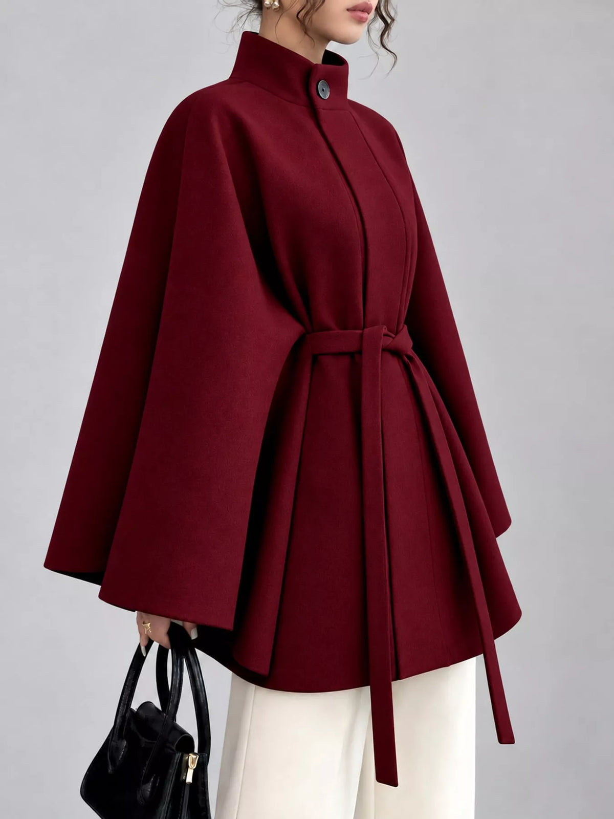 Burgundy tie-waist cape — side view