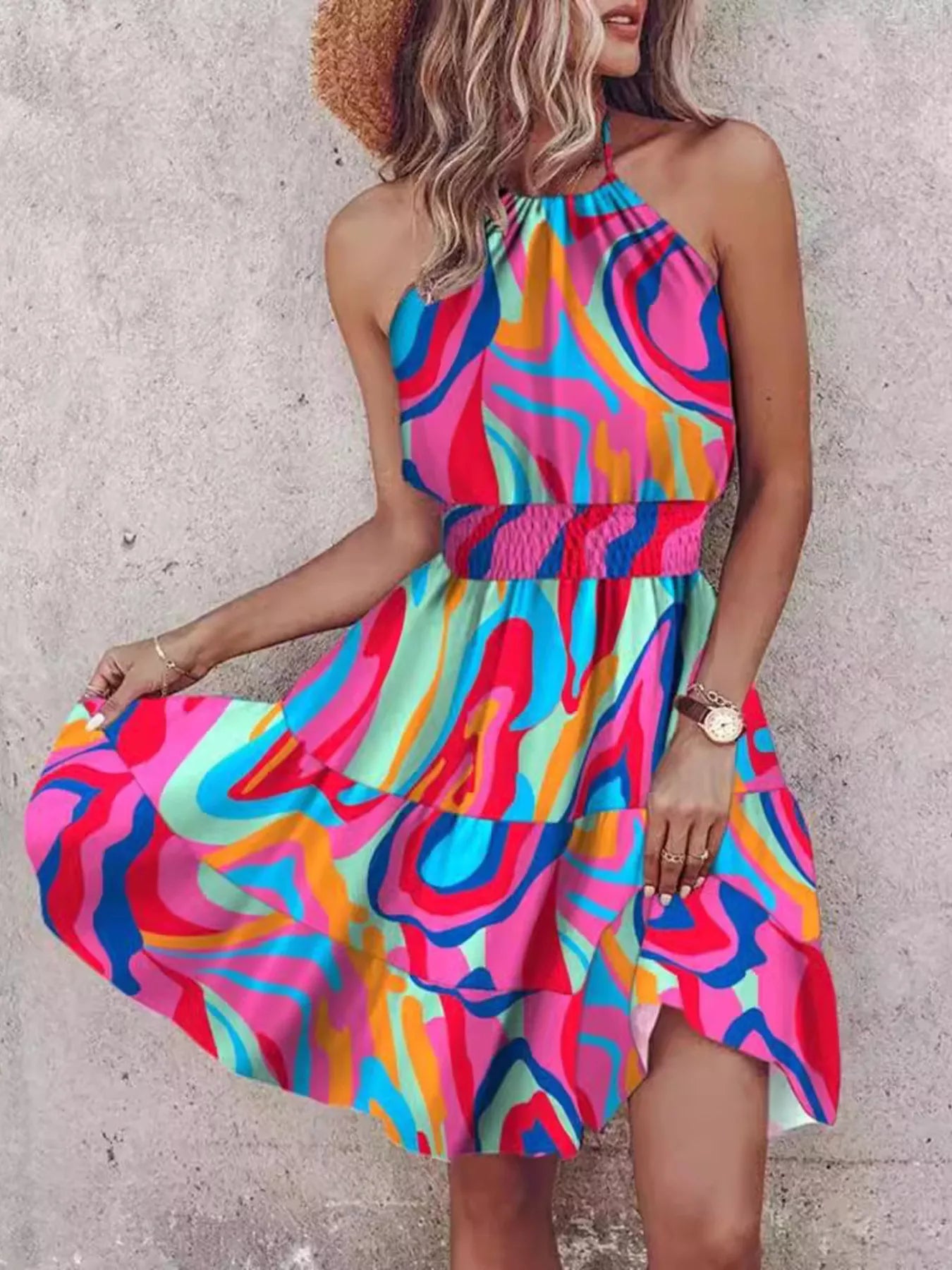 Trendsi Bohemian Printed Halter Mini Dress -