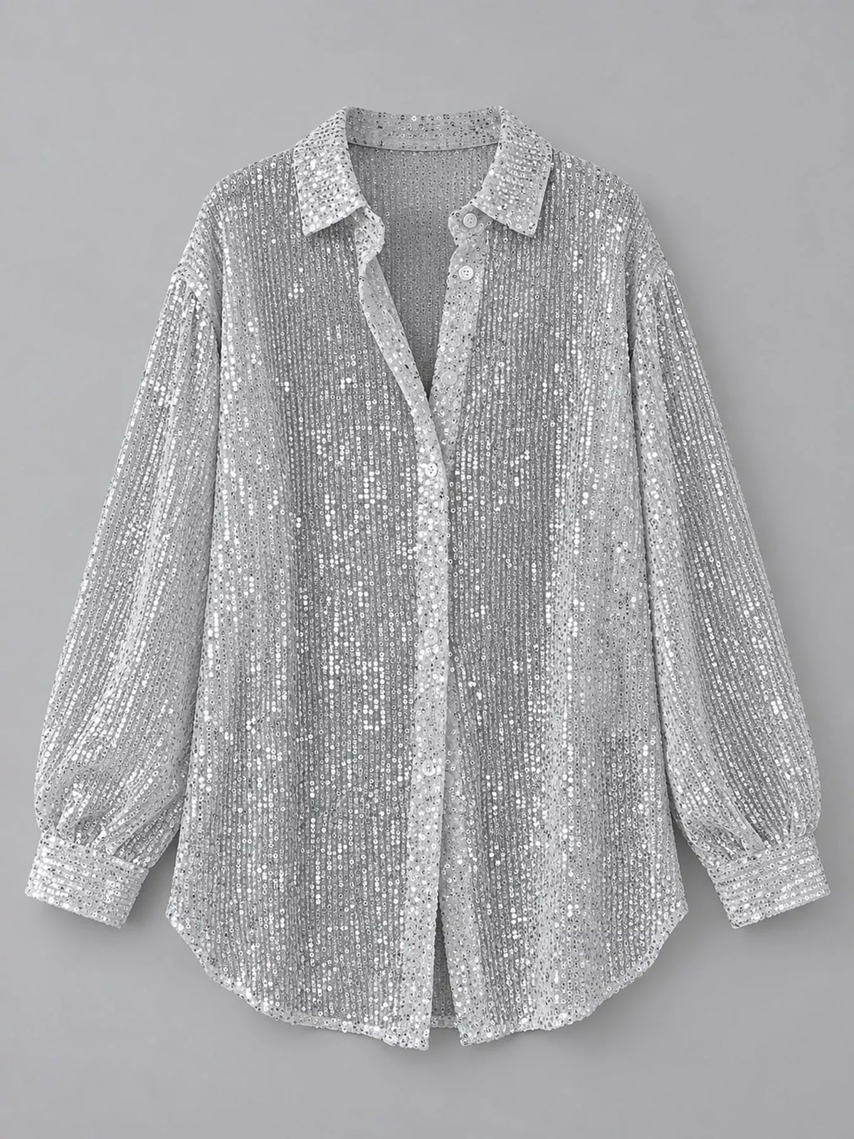 Silver White sequin button up long sleeve shirt
