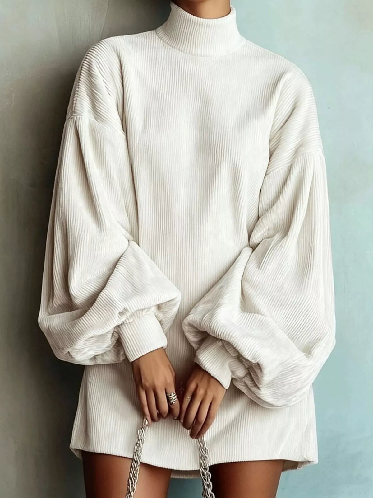 Corduroy Mock Neck Lantern Sleeve Mini Dress in cream, front view