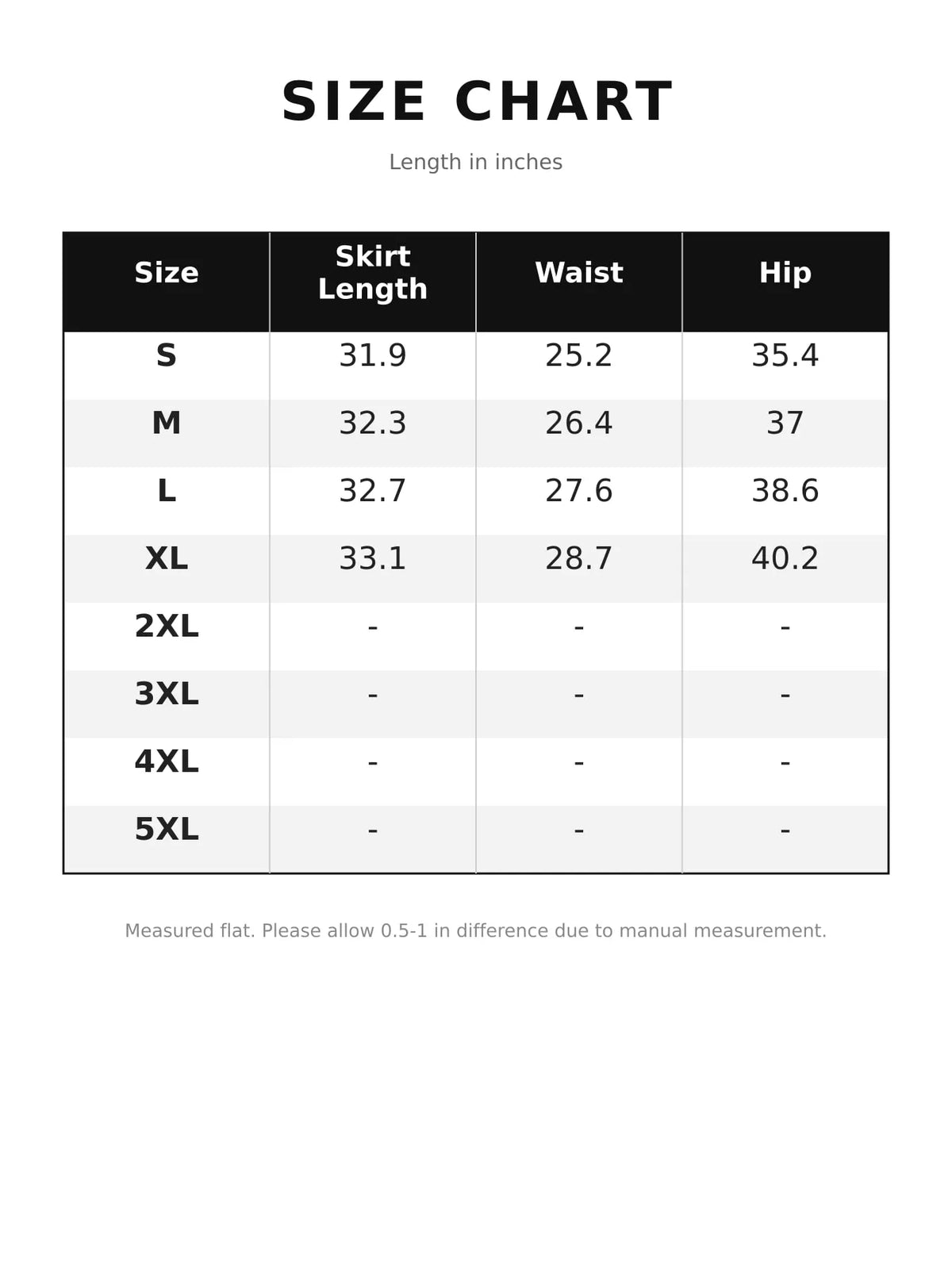 Size chart for high-waisted denim midi skirt