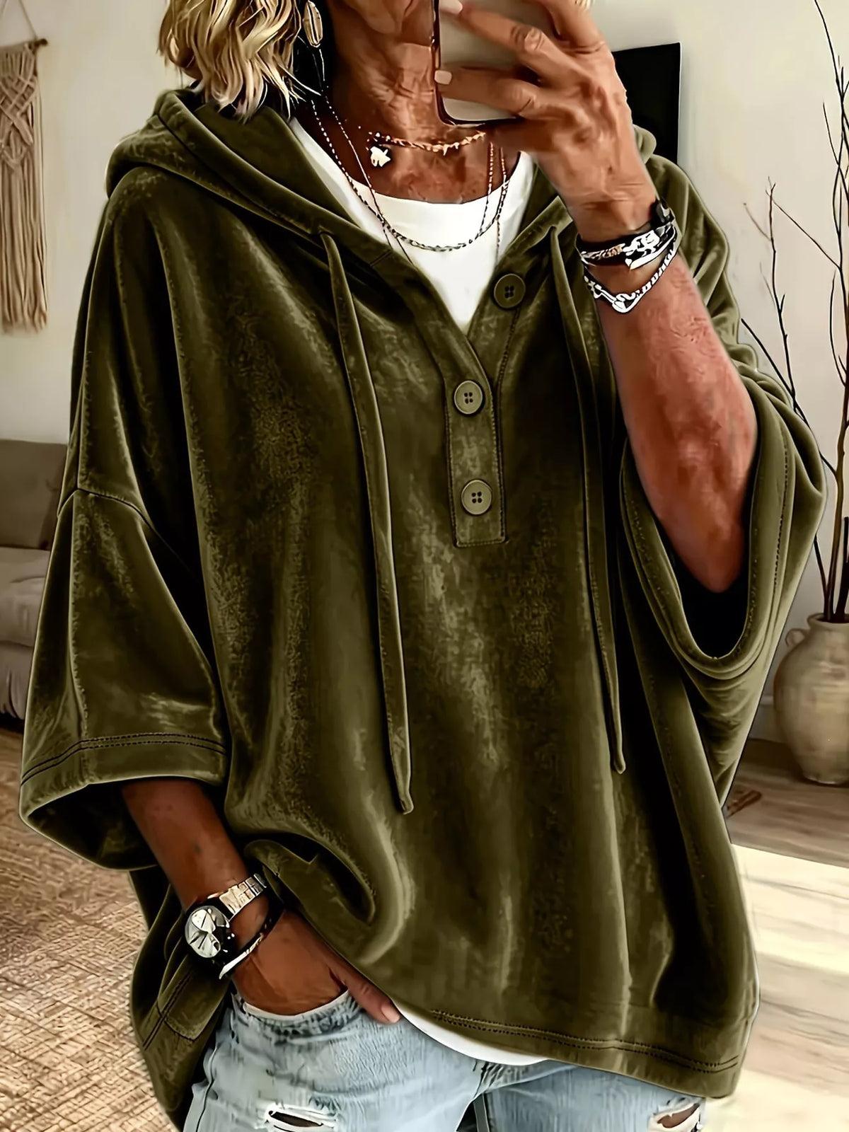 Velvet Button Hoodie in olive green, front view