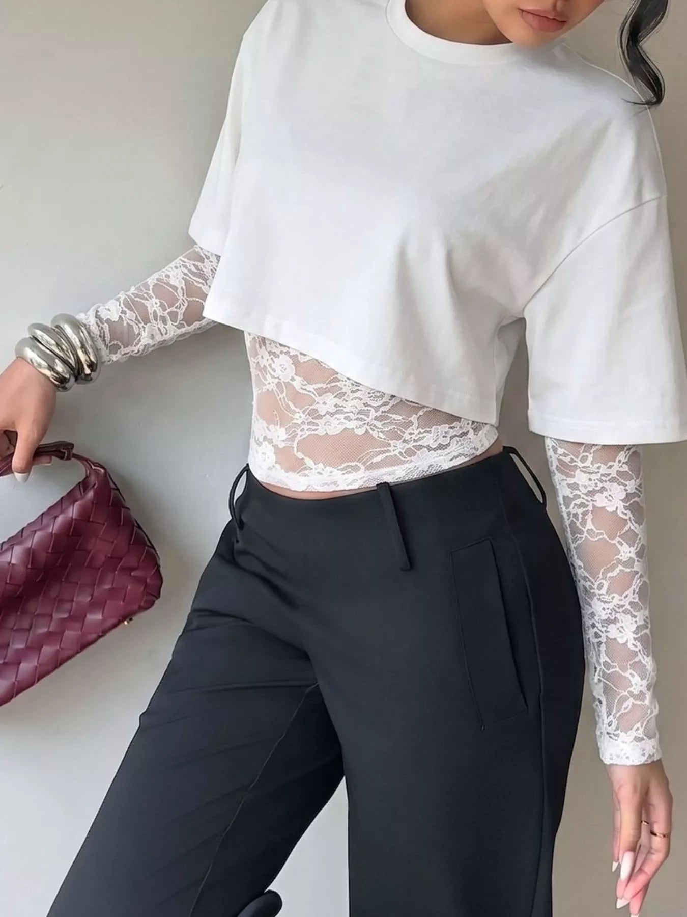 Trendsi Lace Patchwork Short Sleeve T-Shirt -