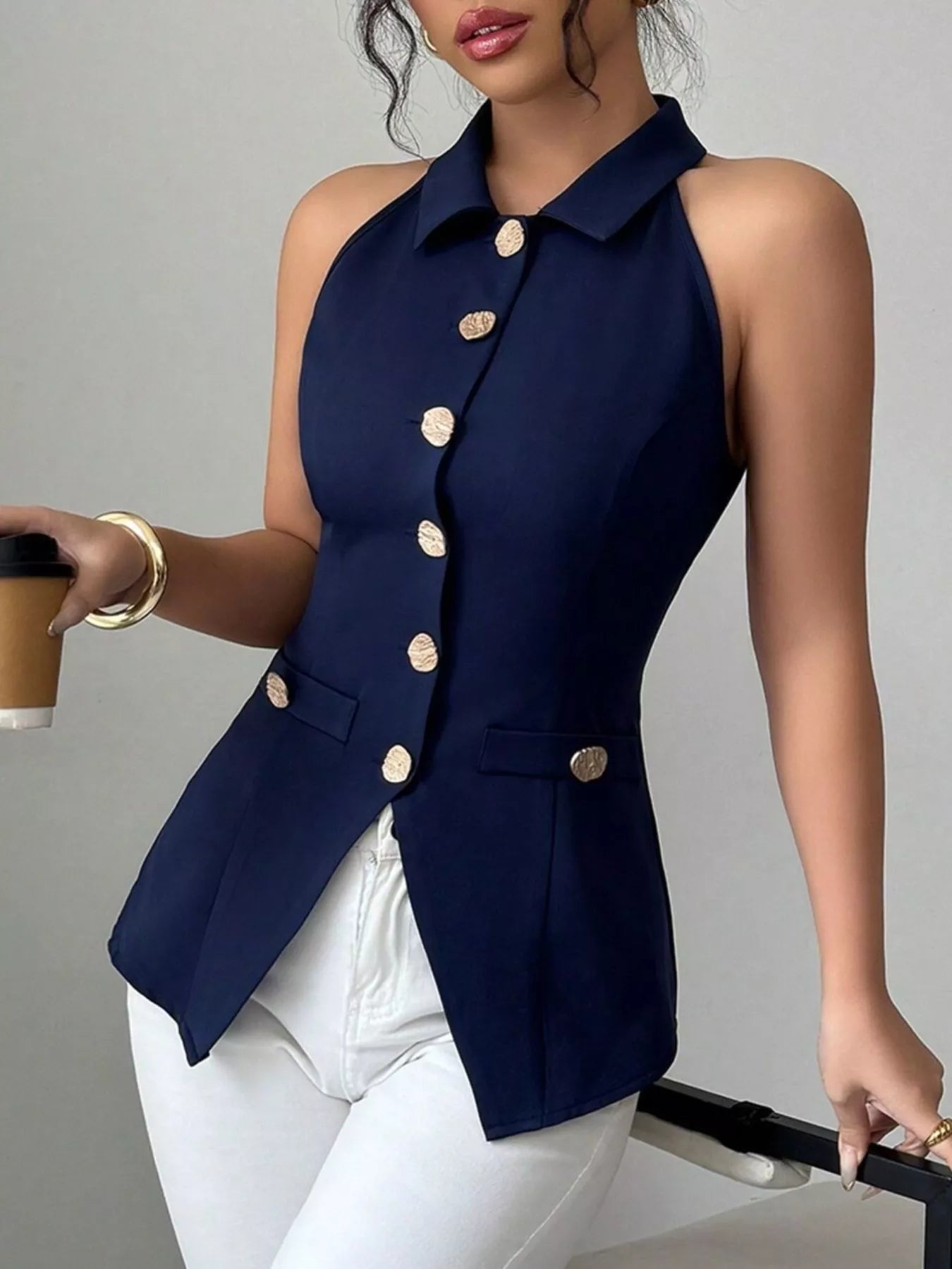 Trendsi Sleeveless Lapel Collar Button-Down Vest -