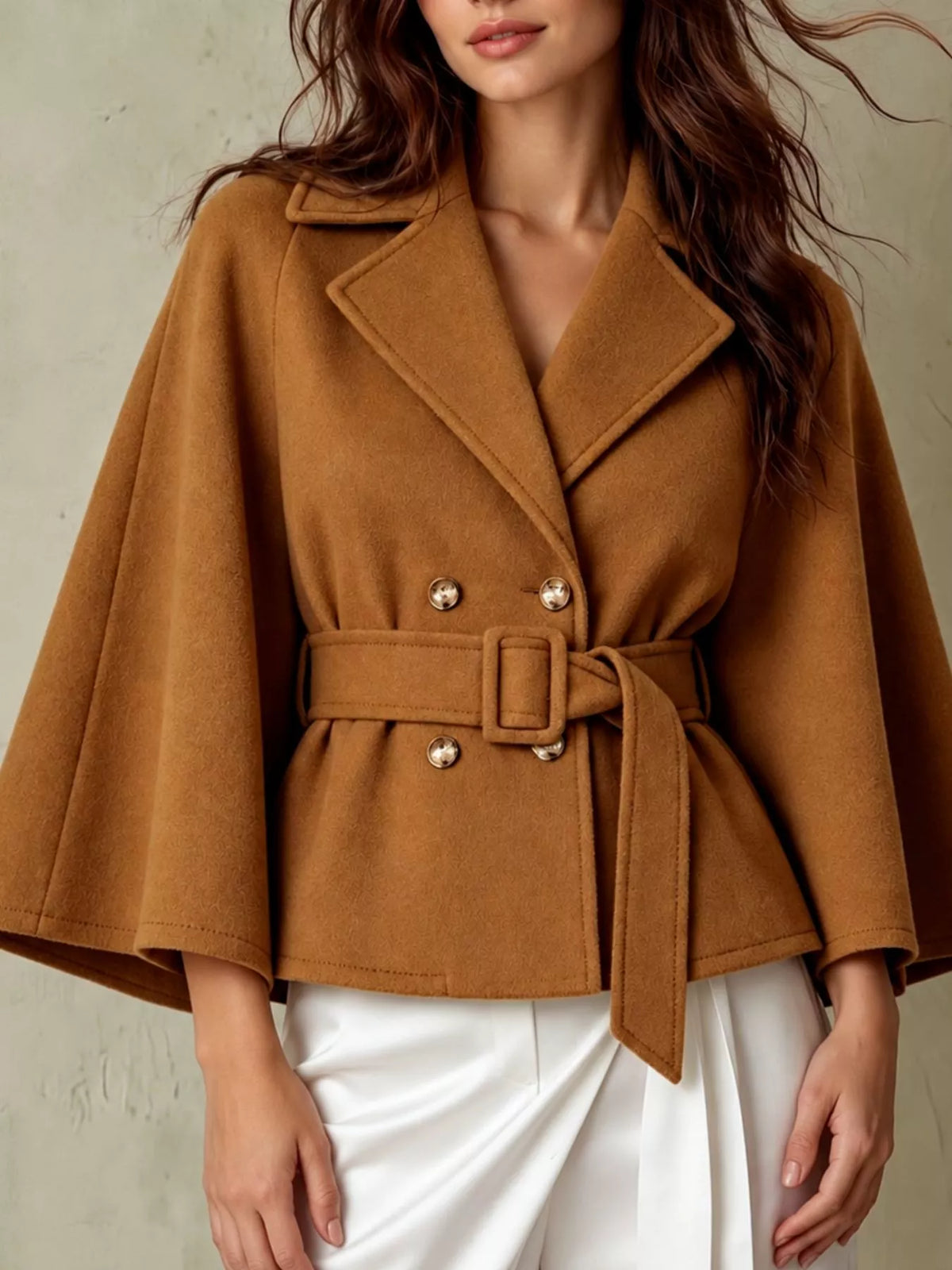 Double-Breasted Cape Coat with Belt in caramel