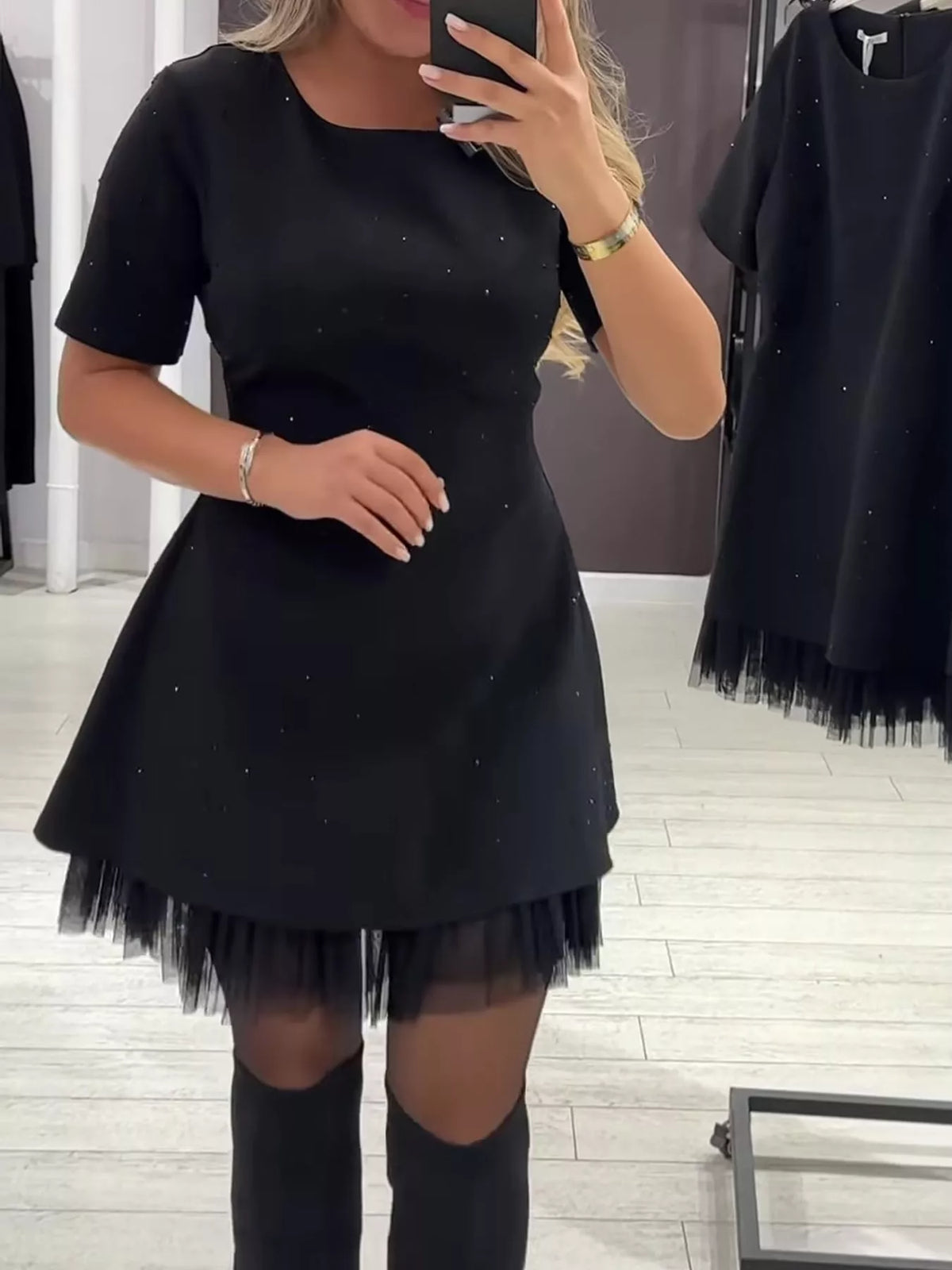 Black rhinestone a line mini dress with tulle hem, front view